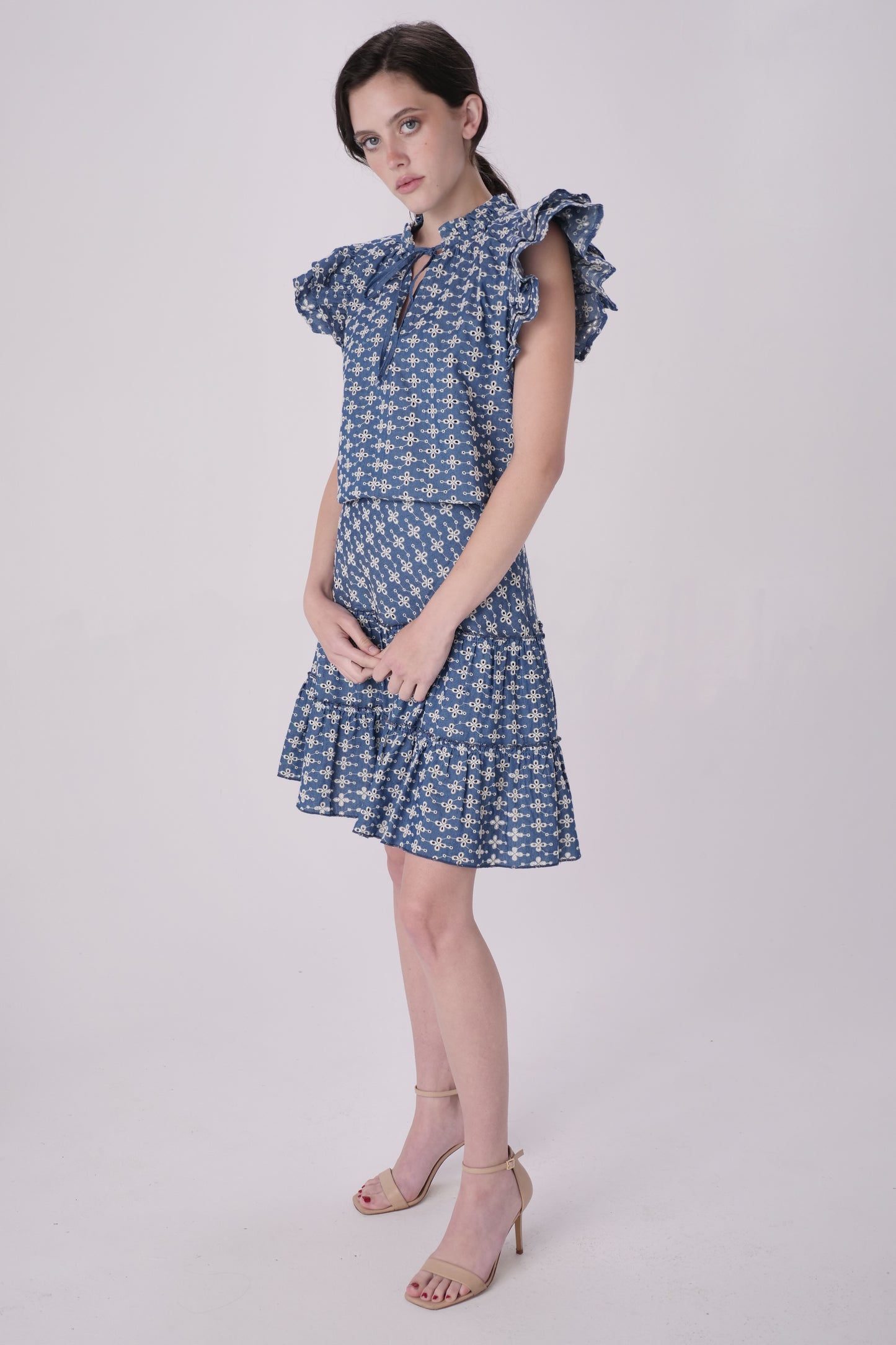 Denim Eyelet Flutter Sleeve Top