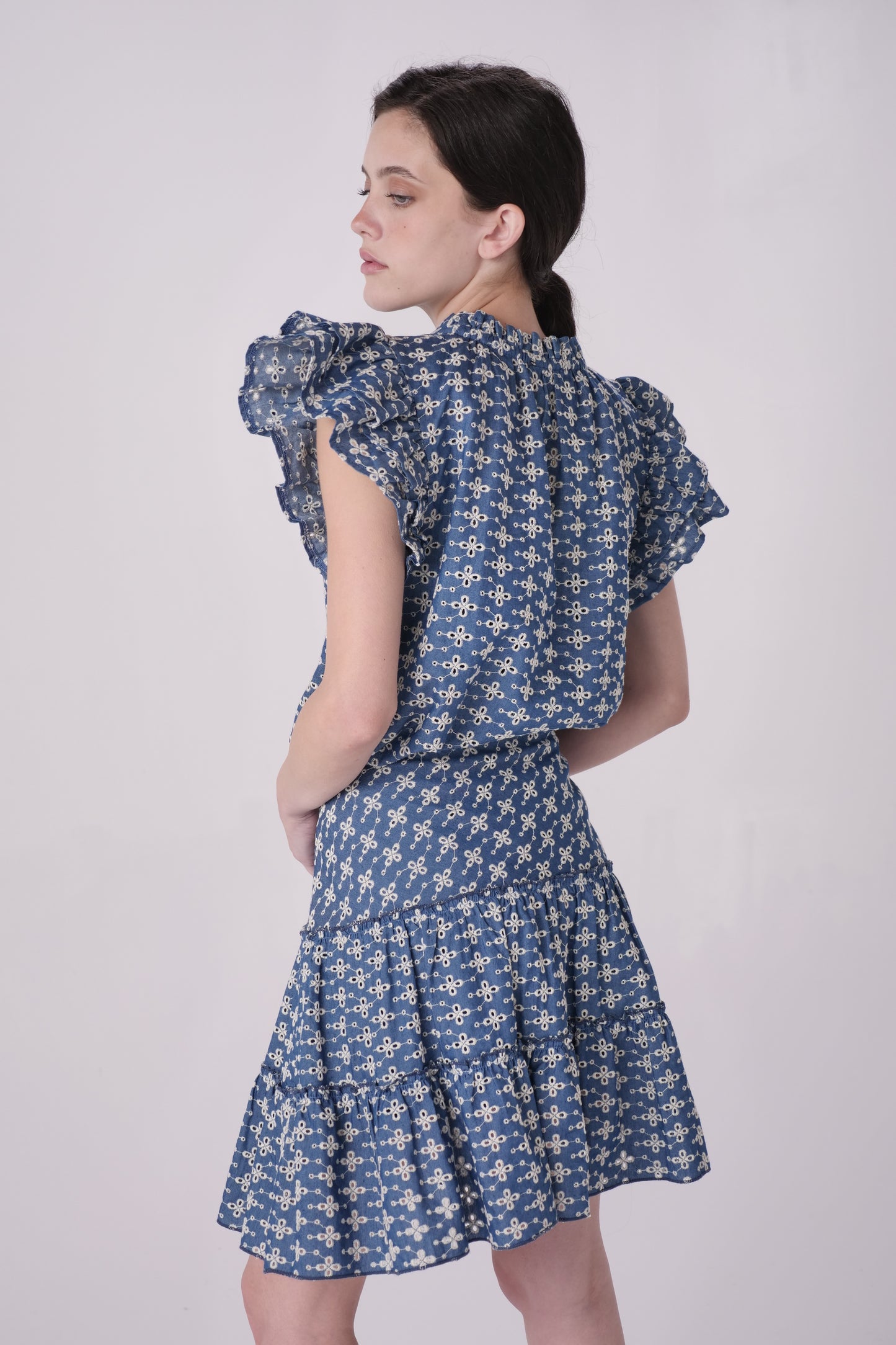 Denim Eyelet Flutter Sleeve Top