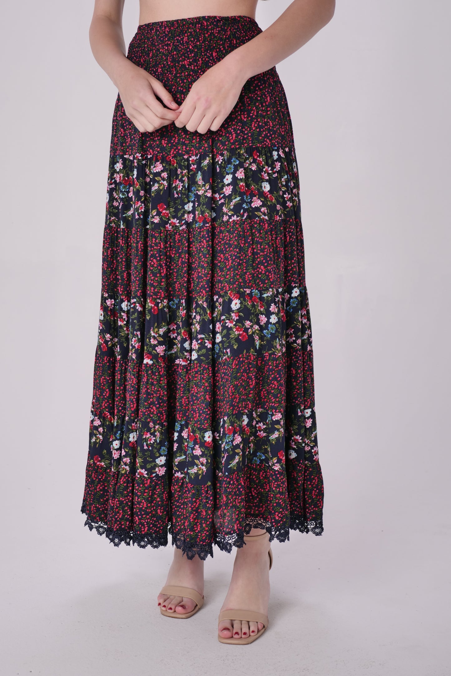 Dark Floral Printed Tiered Maxi Skirt