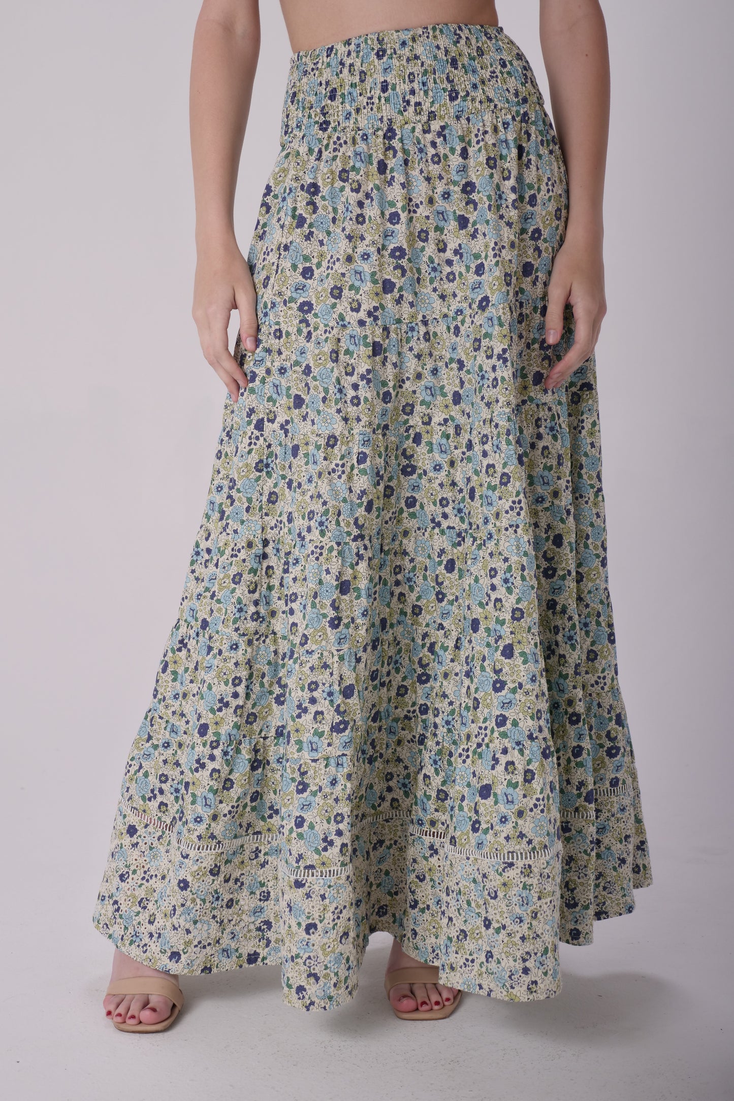 Teal Floral Eyelet Maxi Skirt