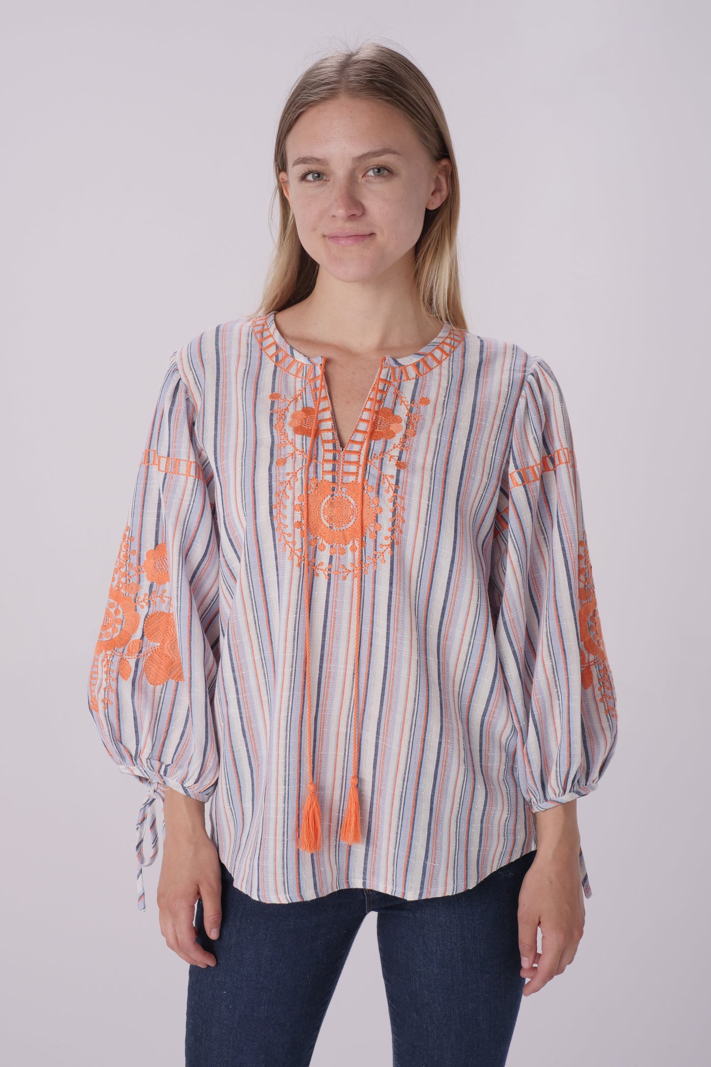 Grey Multi Stripe Embroidered Balloon Sleeve Blouse