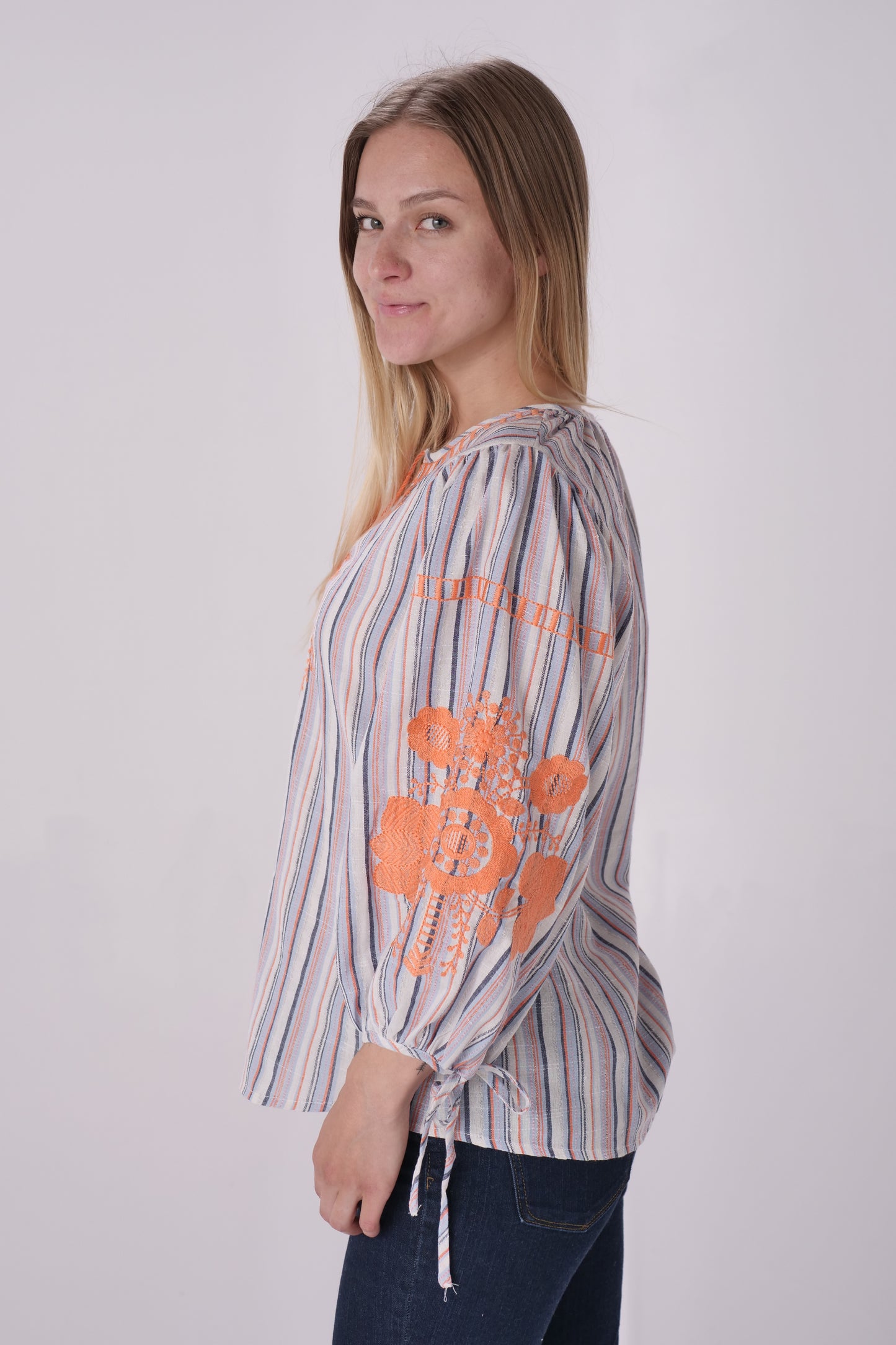 Grey Multi Stripe Embroidered Balloon Sleeve Blouse