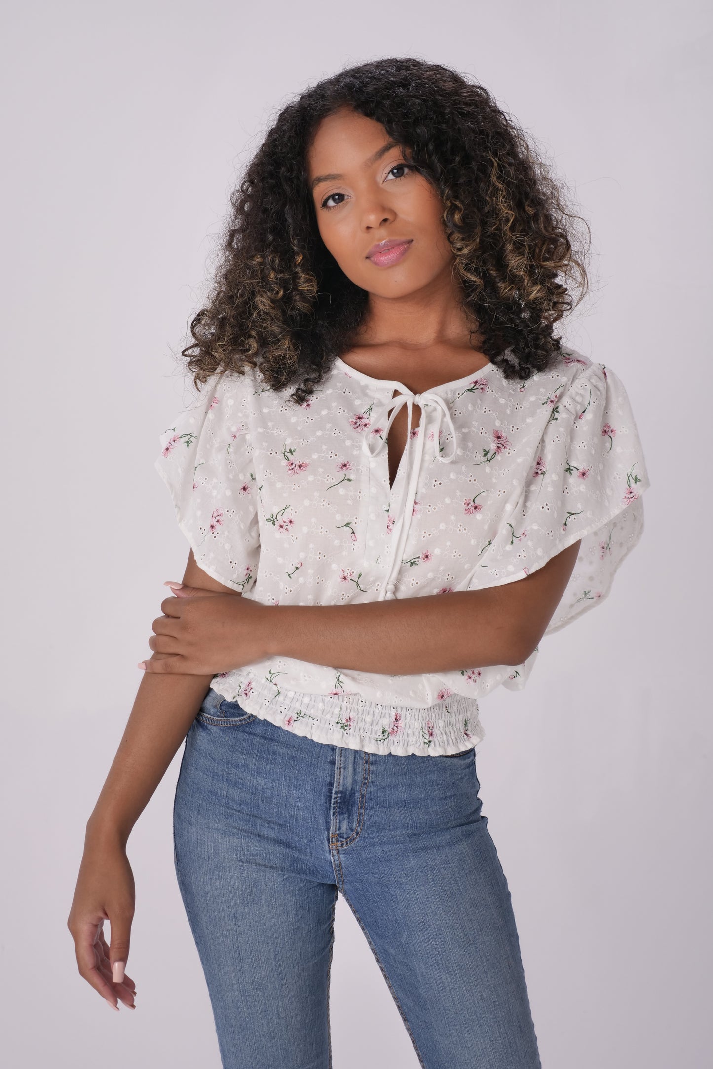 Ivory Blush Floral Printed Flutter Sleeve Top