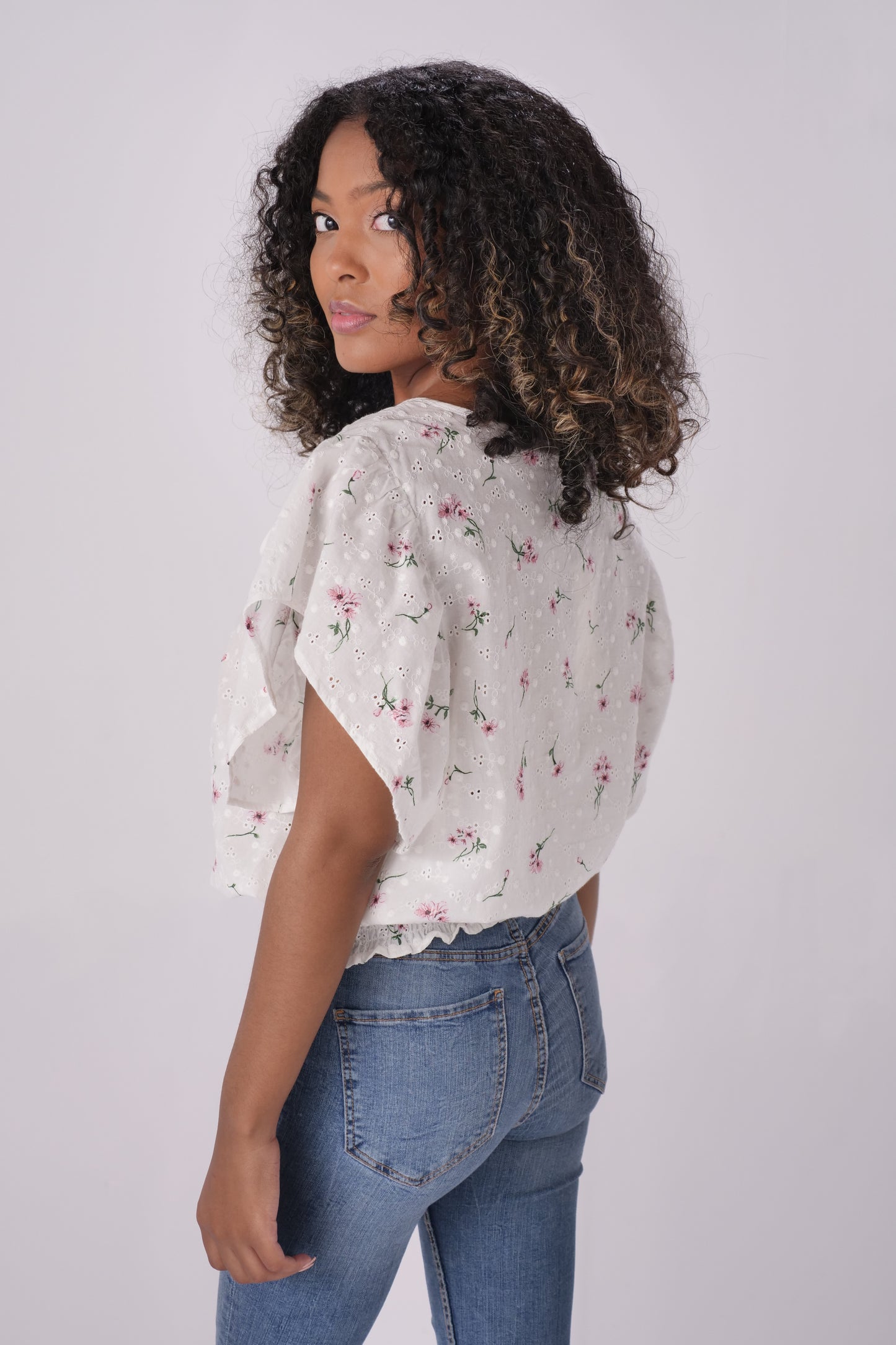 Ivory Blush Floral Printed Flutter Sleeve Top