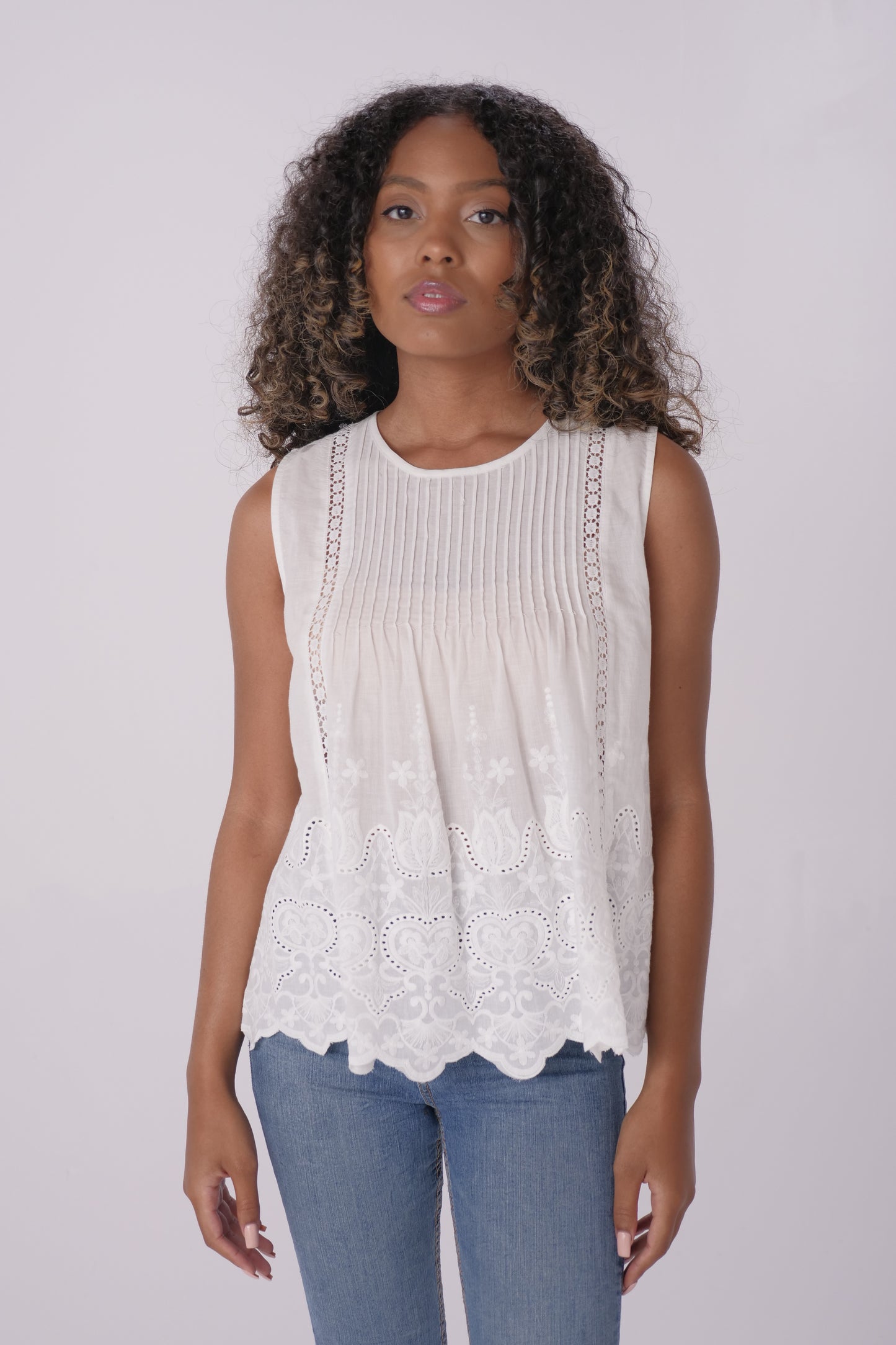 Ivory Pleated Crochet Inset Tank Top