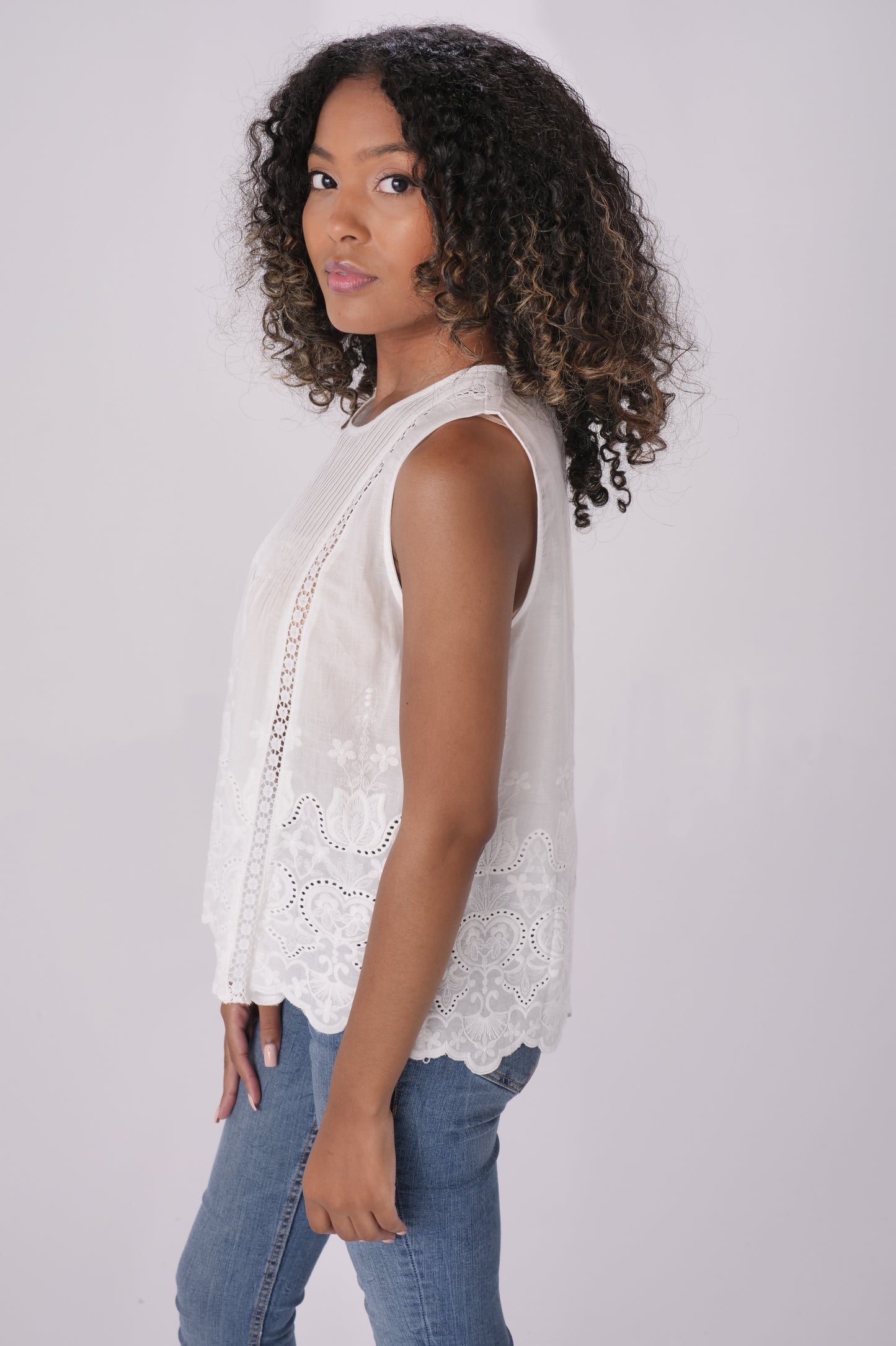 Ivory Pleated Crochet Inset Tank Top