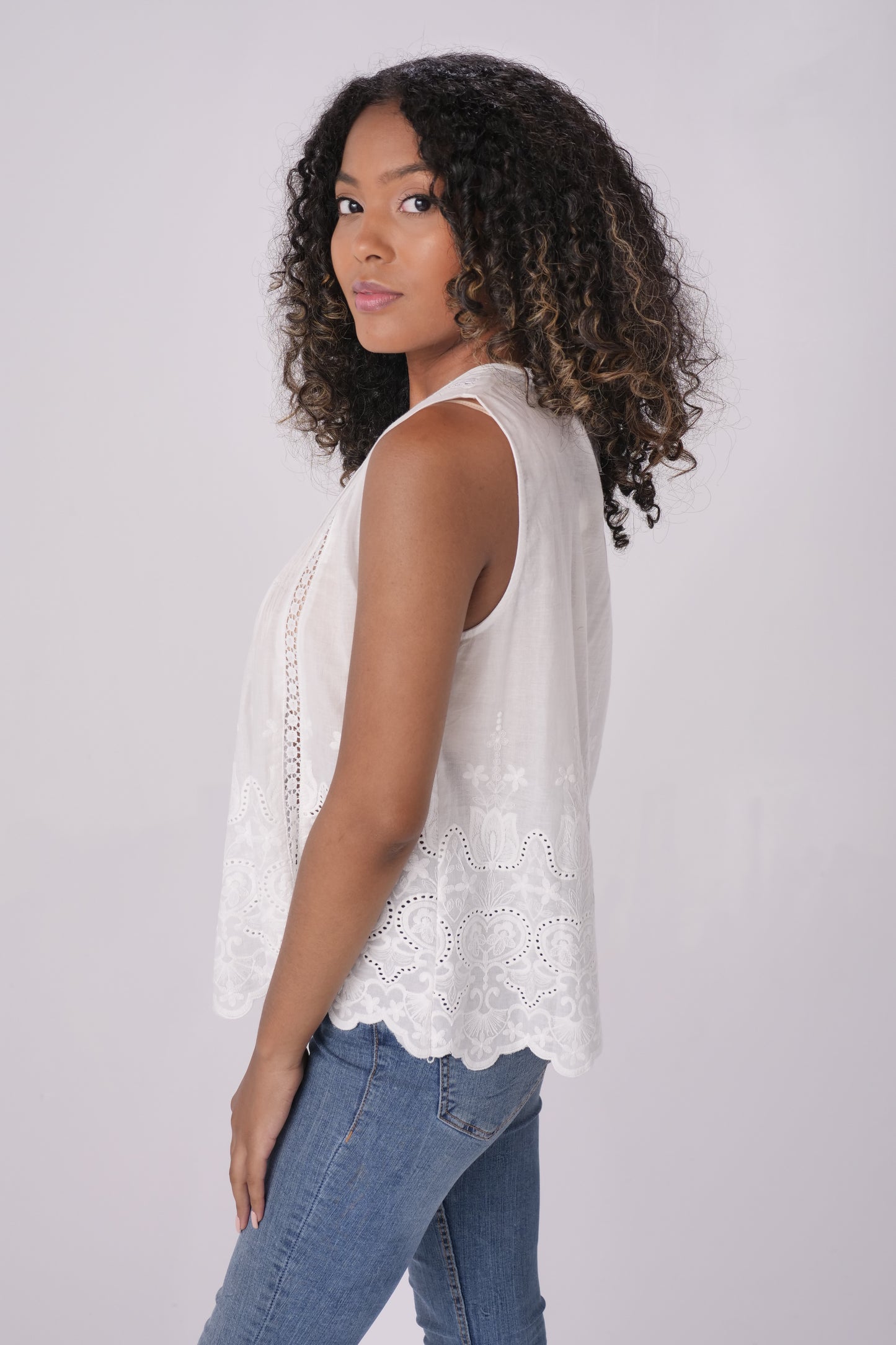 Ivory Pleated Crochet Inset Tank Top