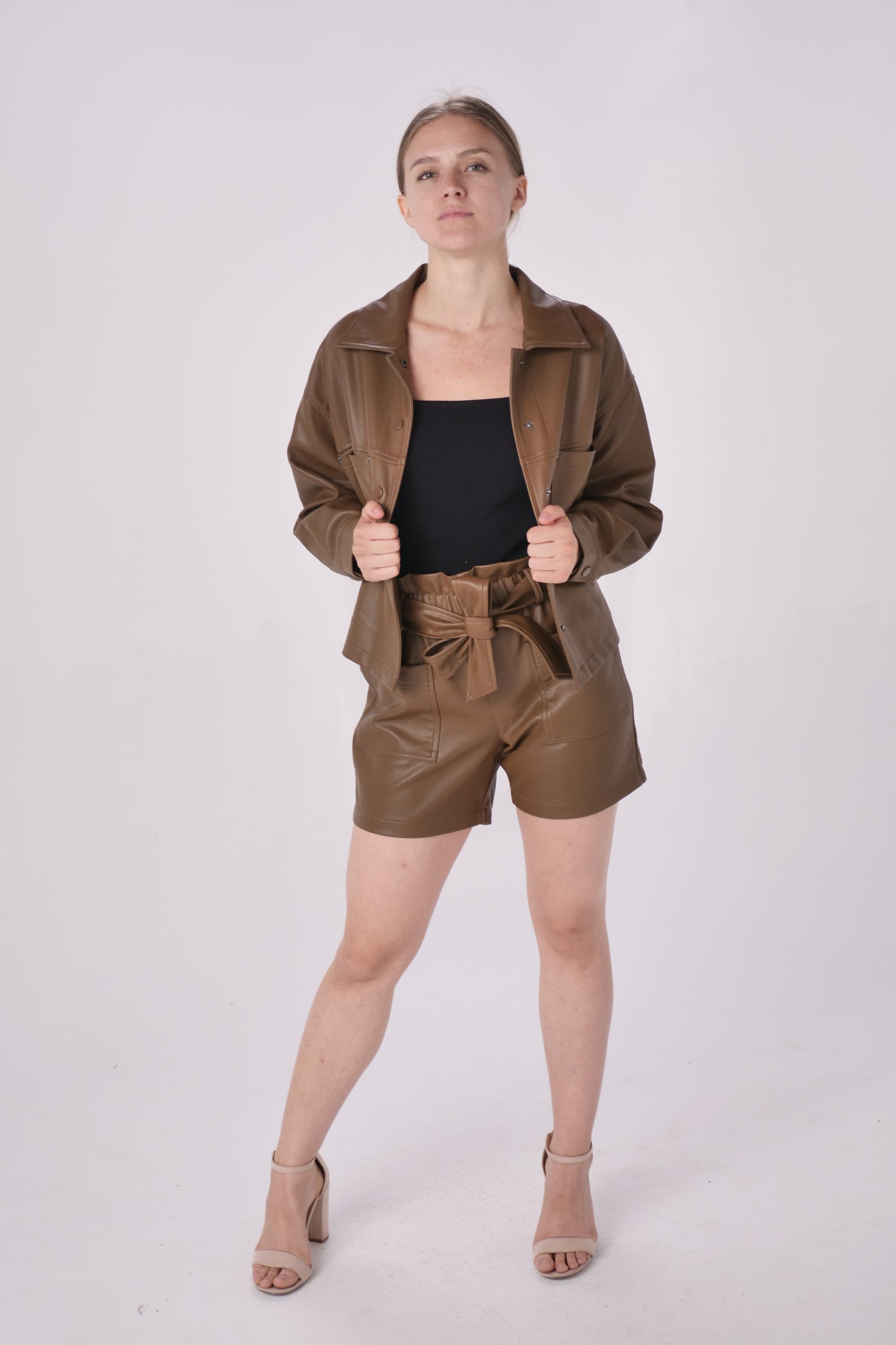 Dark Brown Faux Leather High Waist Shorts