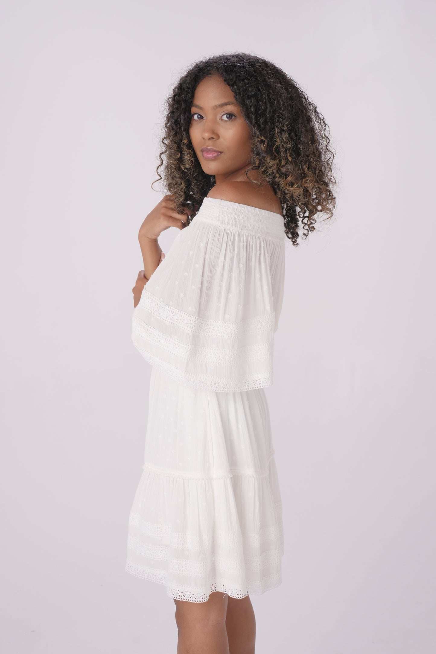Ivory Off Shoulder Mini Dress