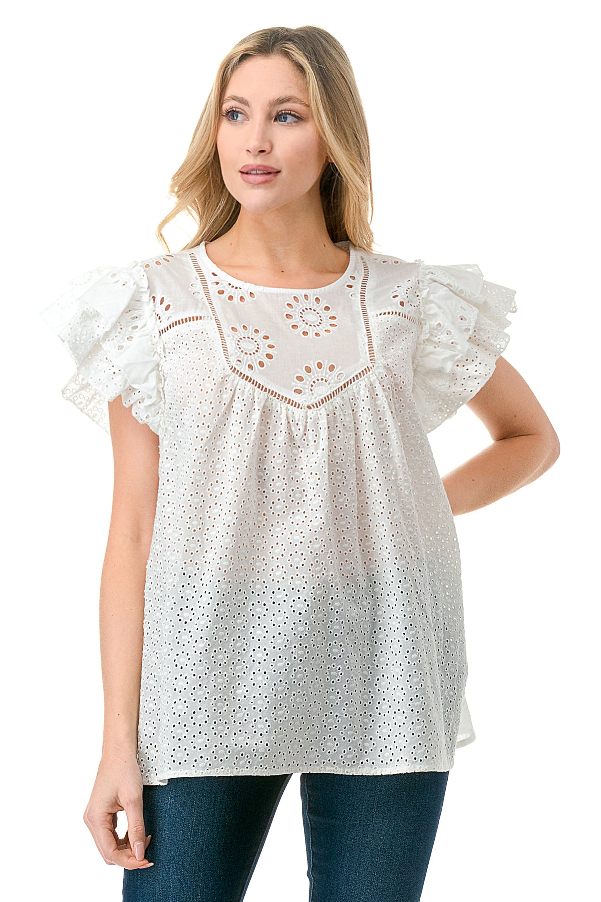 Ivory Eyelet Bib Flutter Shoulder Top