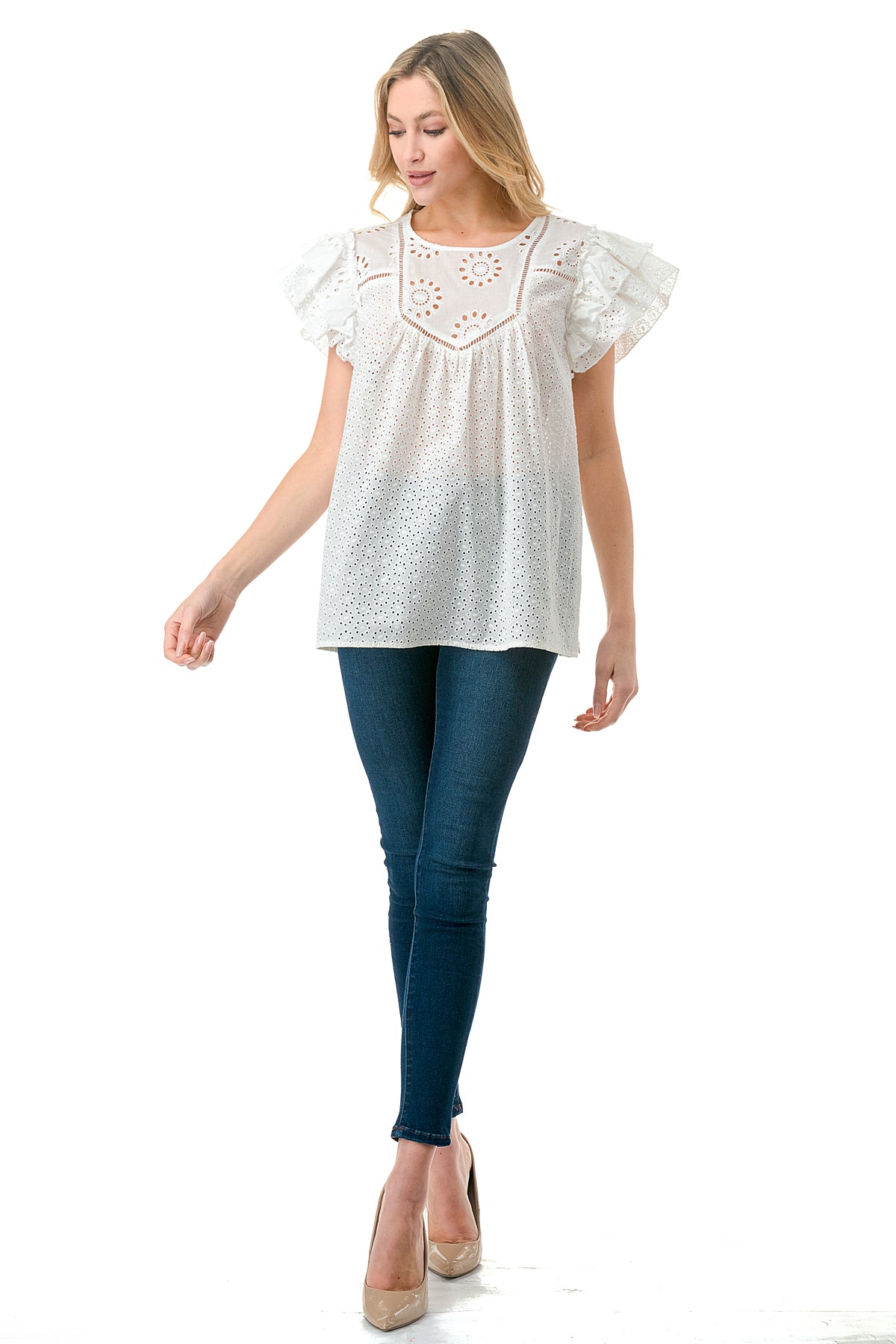 Ivory Eyelet Bib Flutter Shoulder Top