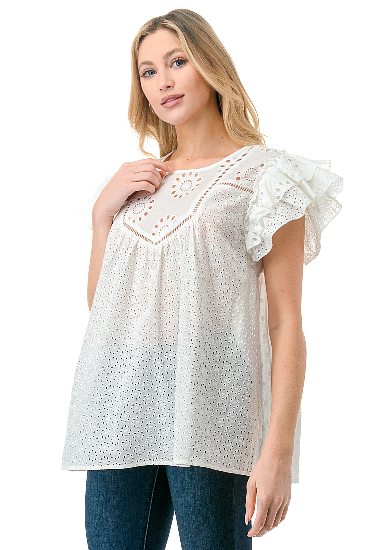 Ivory Eyelet Bib Flutter Shoulder Top