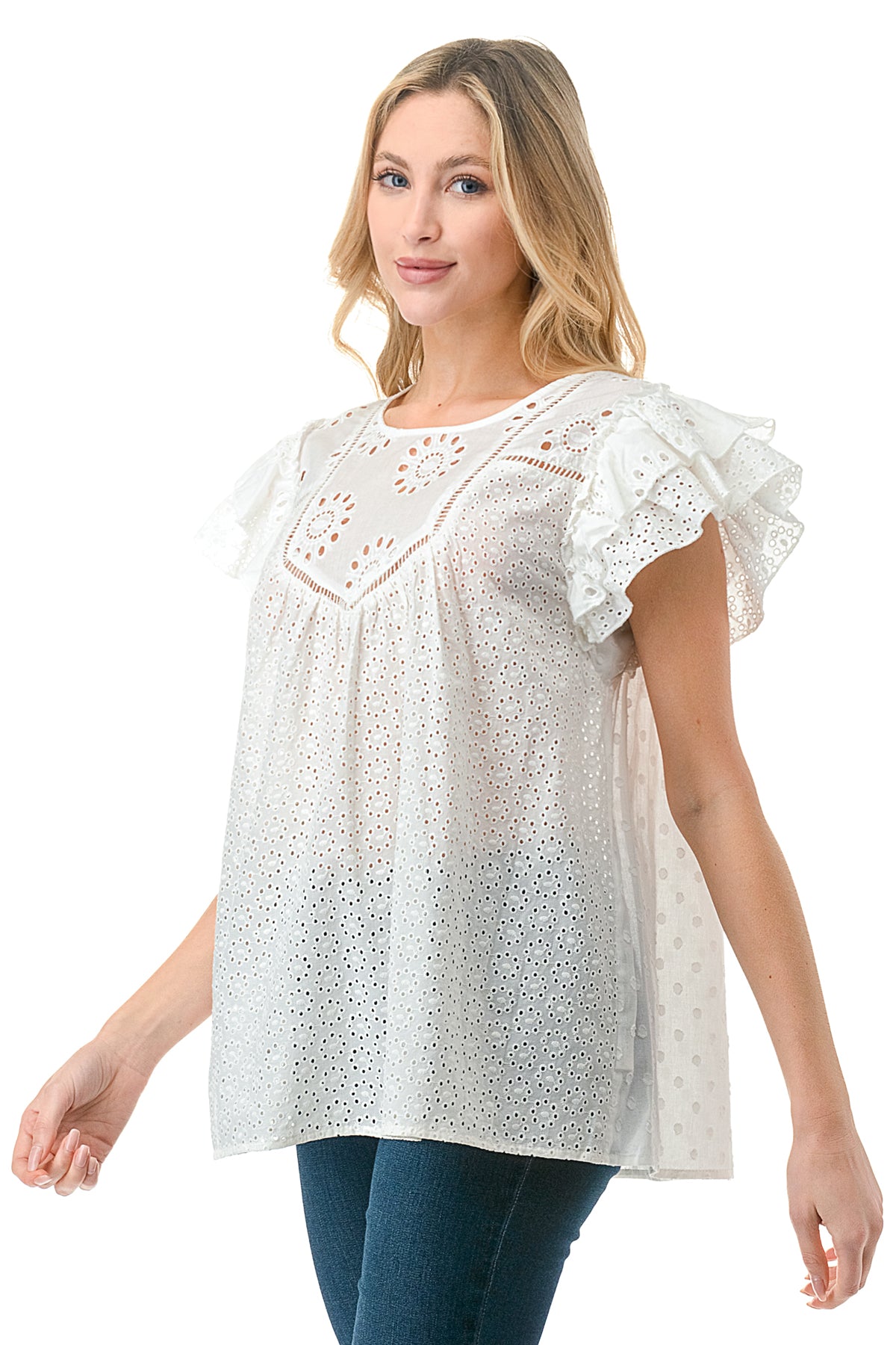 Ivory Eyelet Bib Flutter Shoulder Top