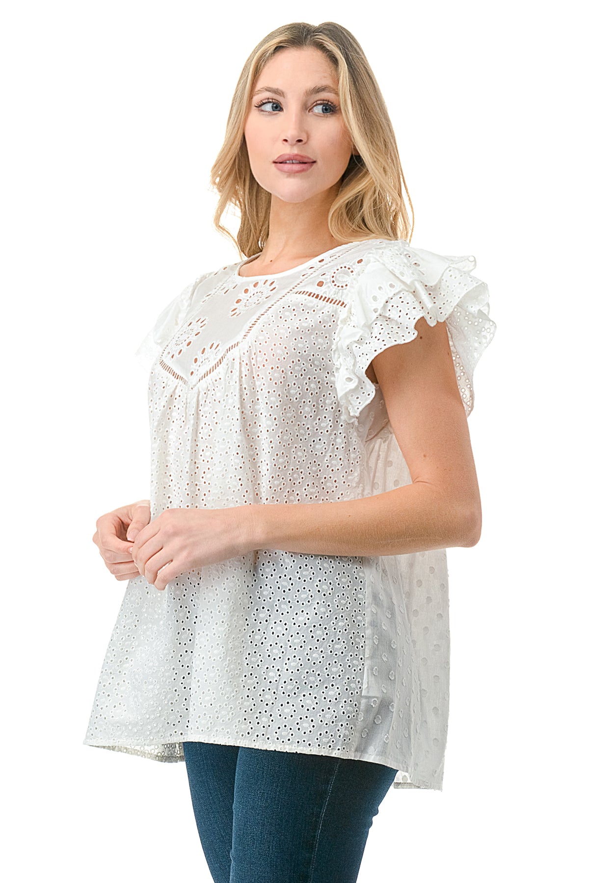 Ivory Eyelet Bib Flutter Shoulder Top