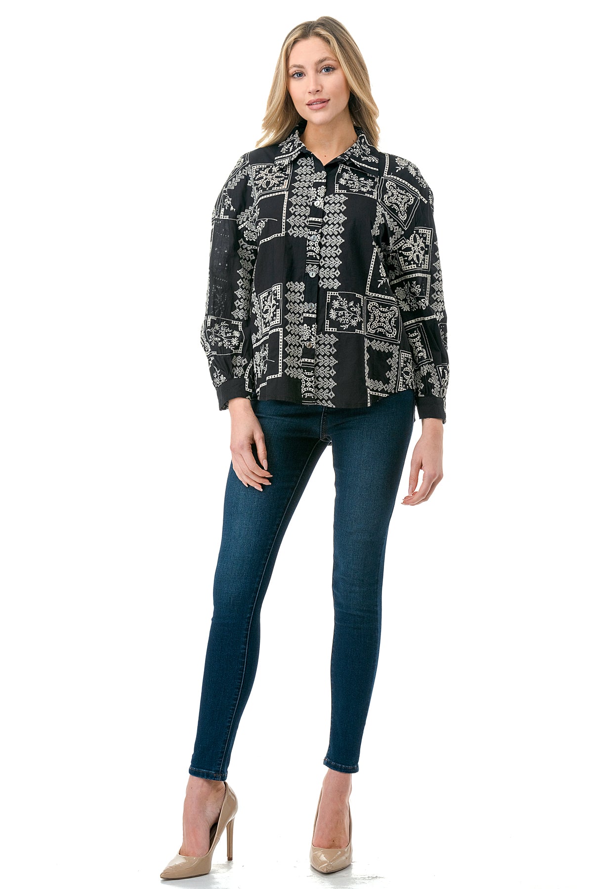Black/White Embroidered Patchwork Eyelet Button Down