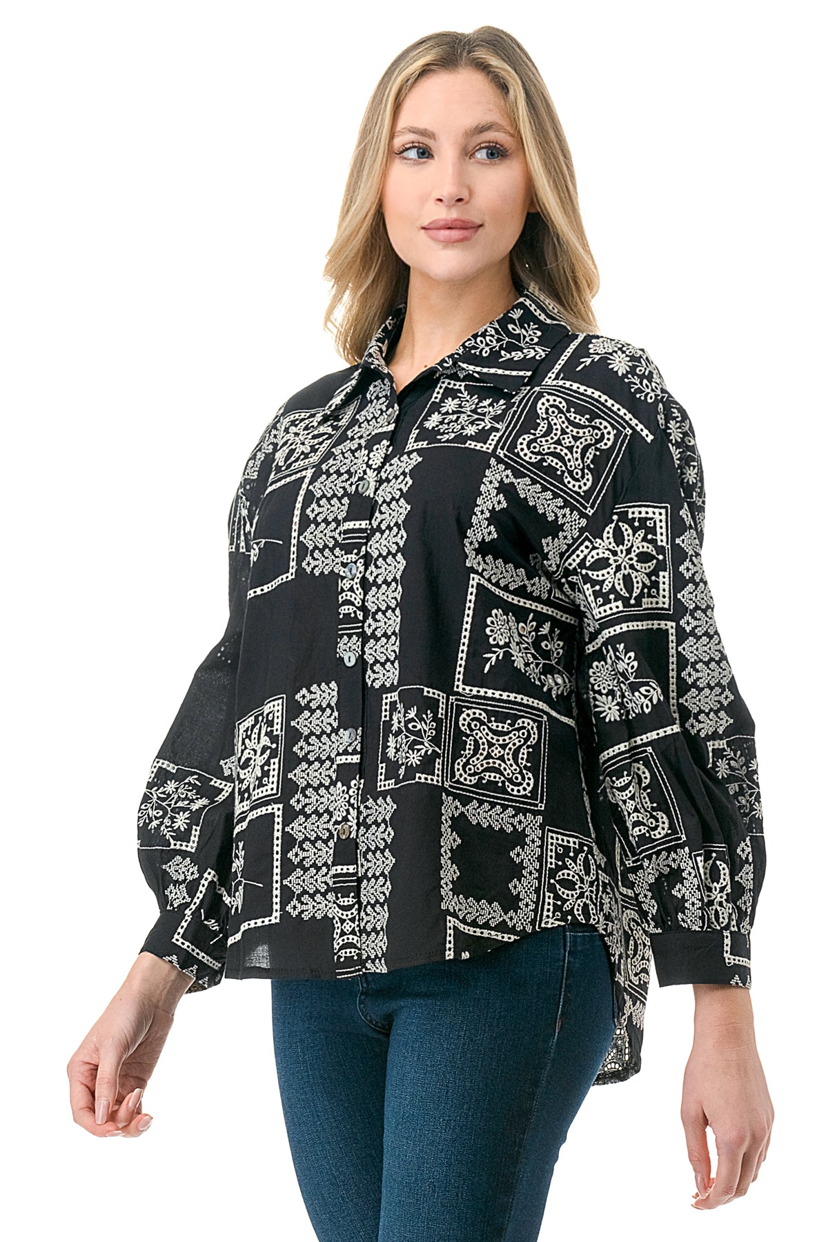 Black/White Embroidered Patchwork Eyelet Button Down