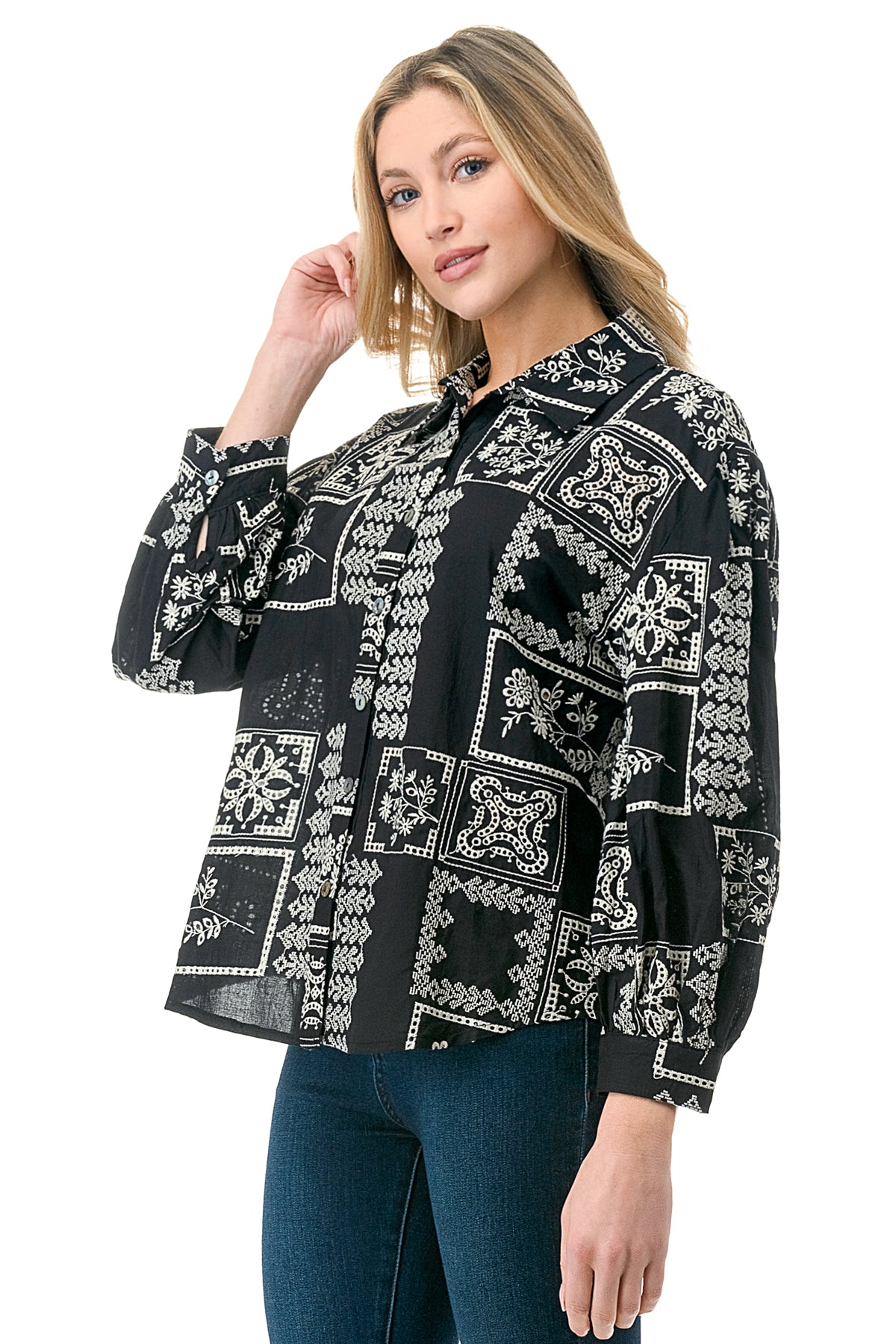 Black/White Embroidered Patchwork Eyelet Button Down