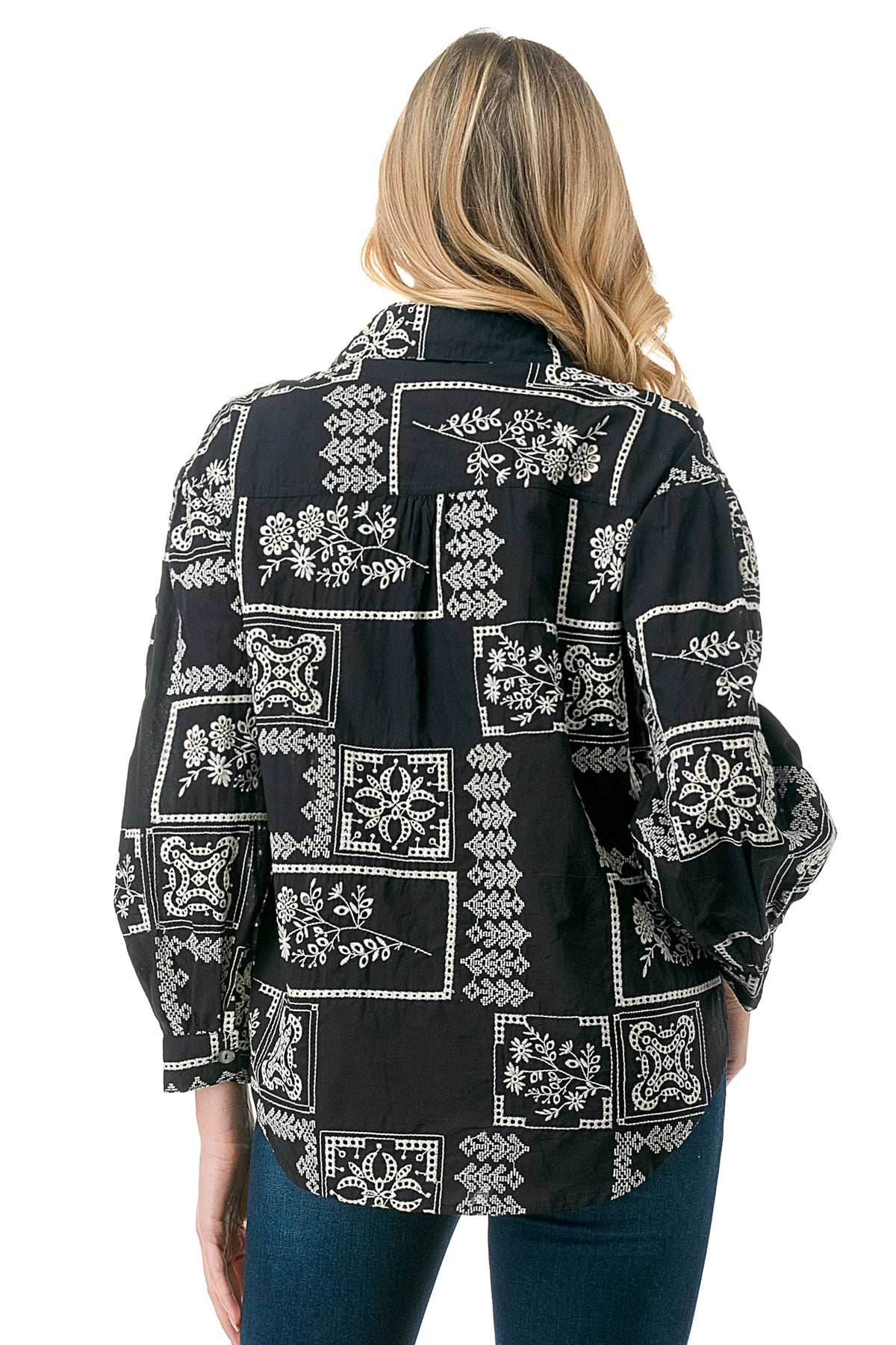 Black/White Embroidered Patchwork Eyelet Button Down
