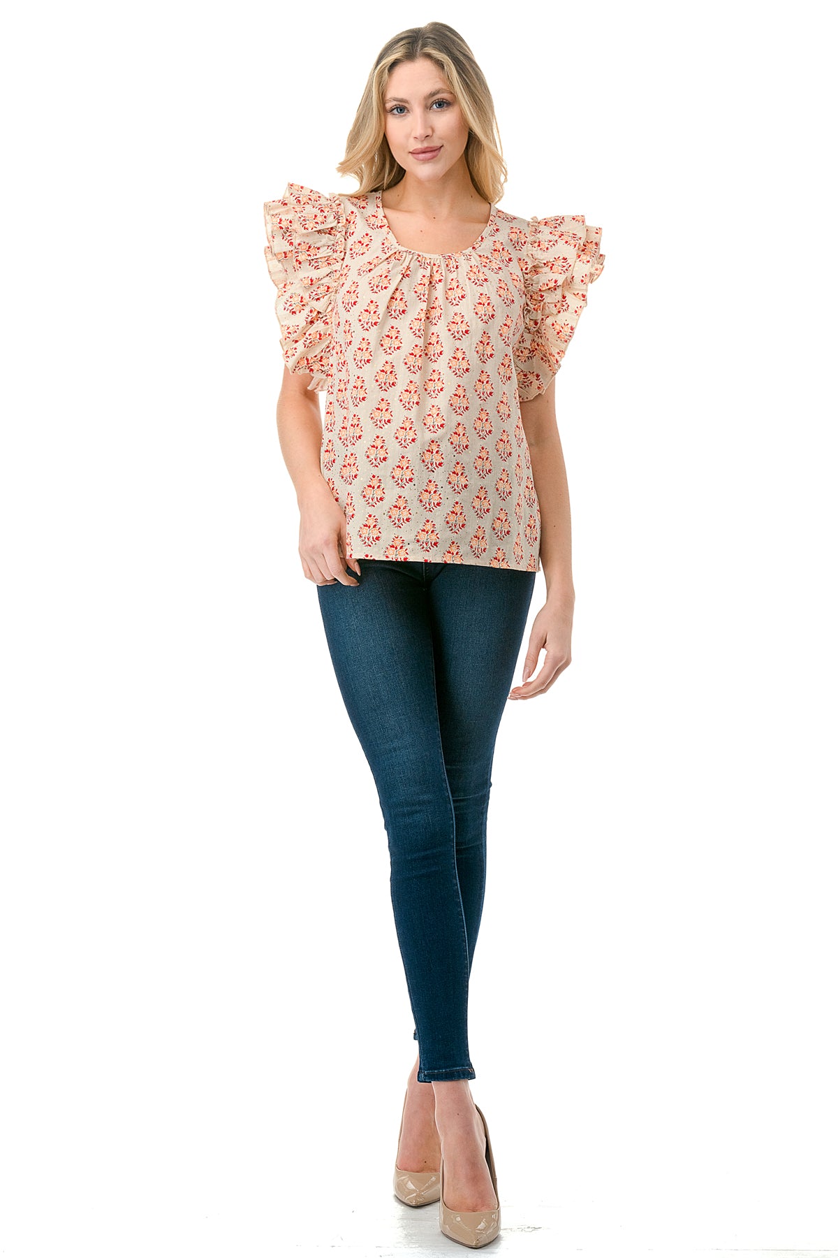 Beige/Red Motif Printed Flutter Sleeve Top