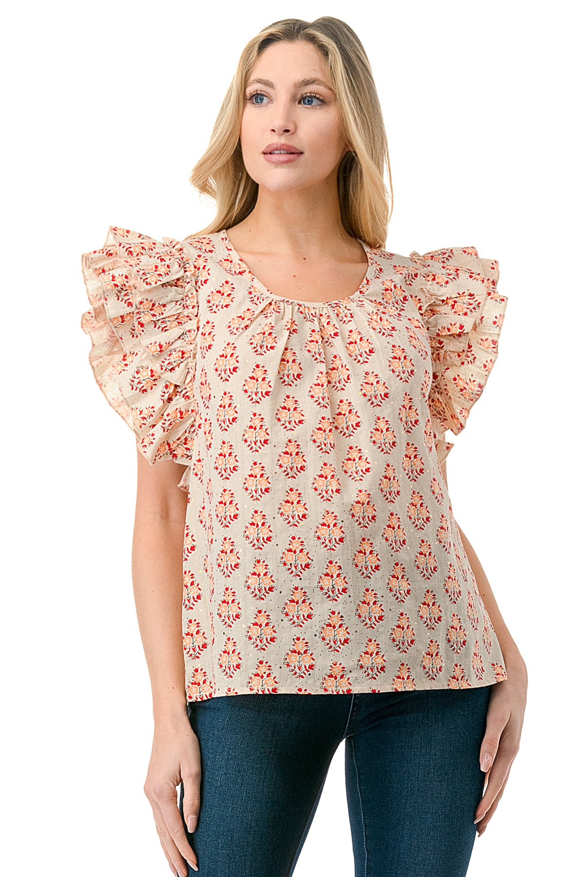 Beige/Red Motif Printed Flutter Sleeve Top