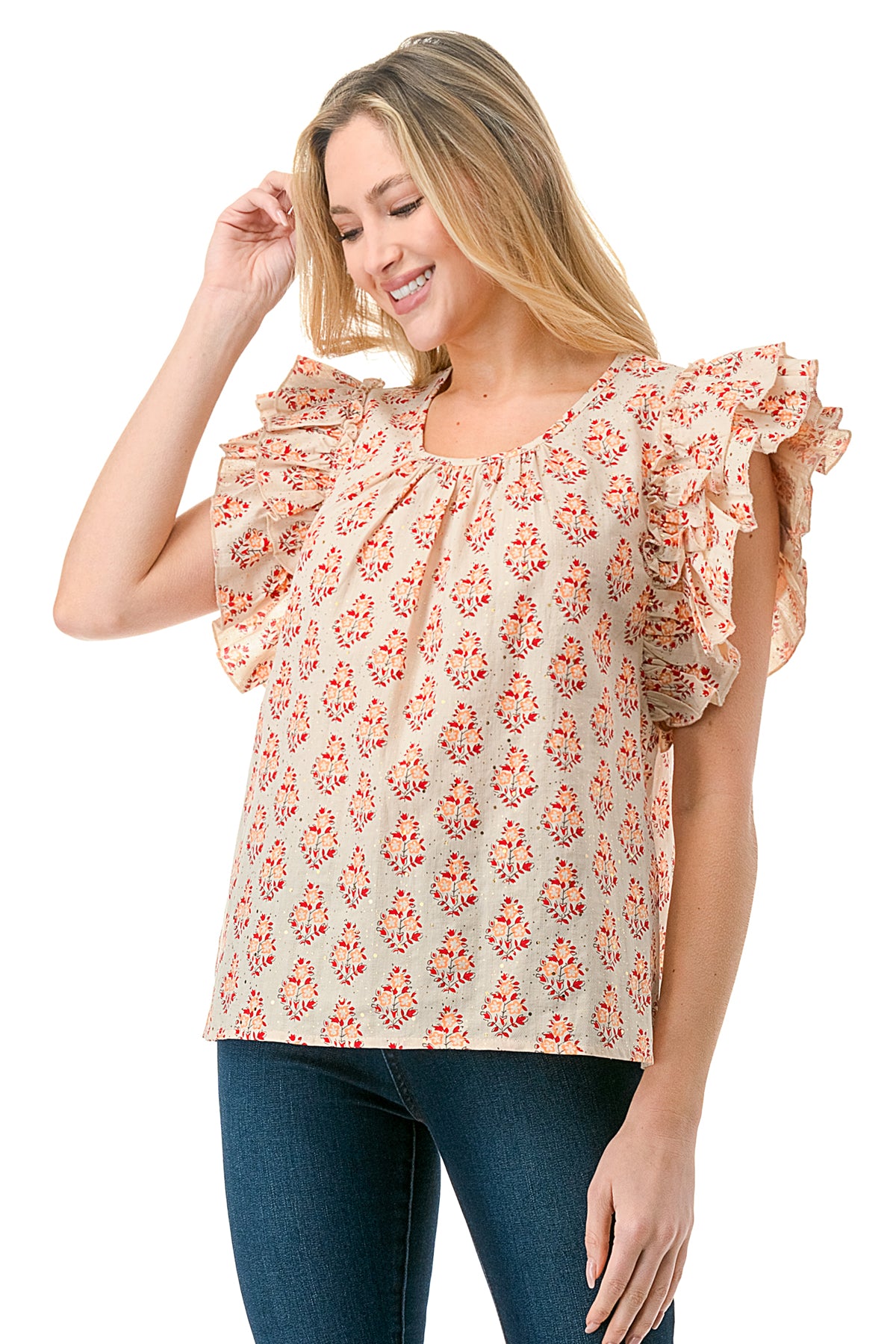 Beige/Red Motif Printed Flutter Sleeve Top