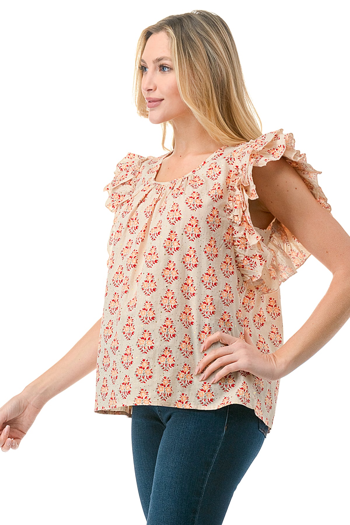 Beige/Red Motif Printed Flutter Sleeve Top