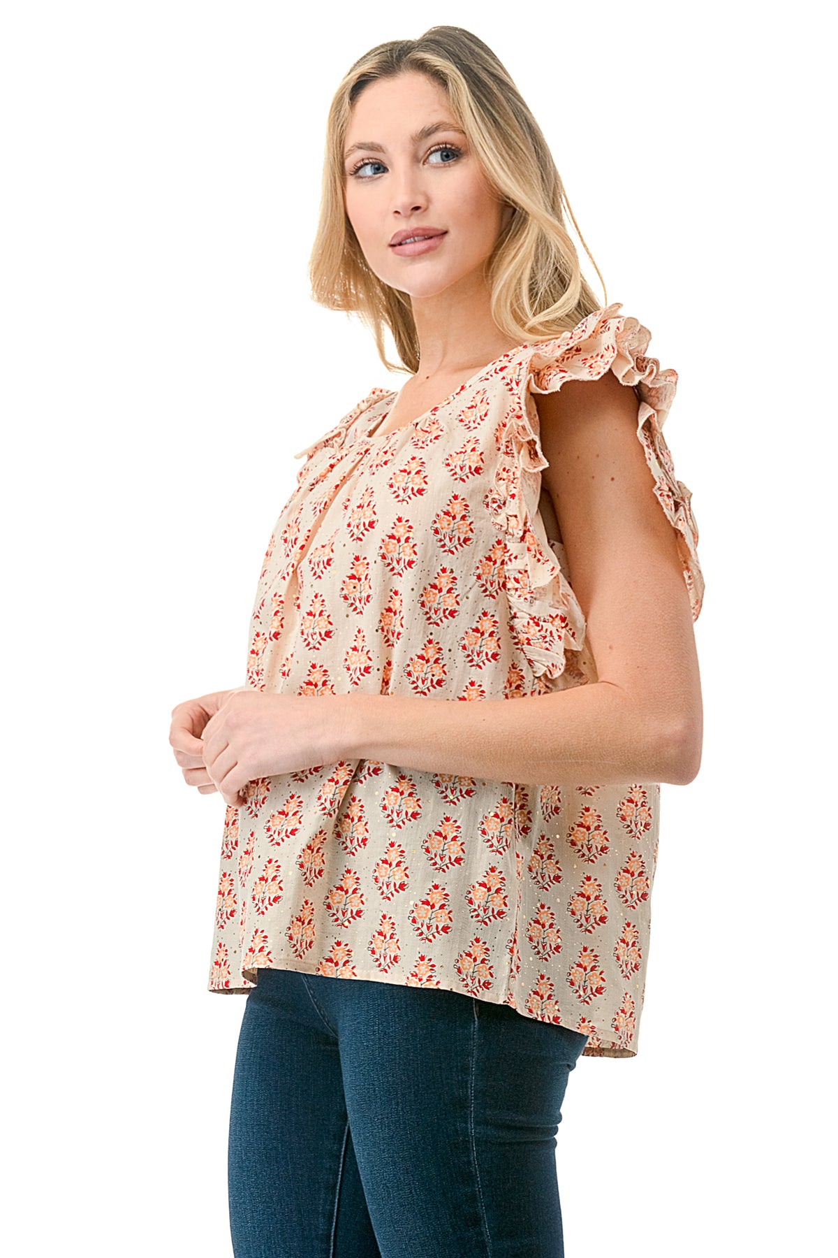 Beige/Red Motif Printed Flutter Sleeve Top