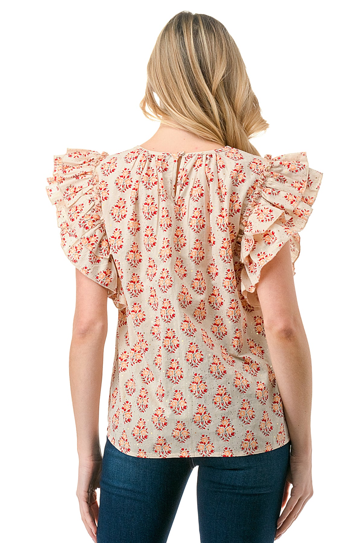Beige/Red Motif Printed Flutter Sleeve Top