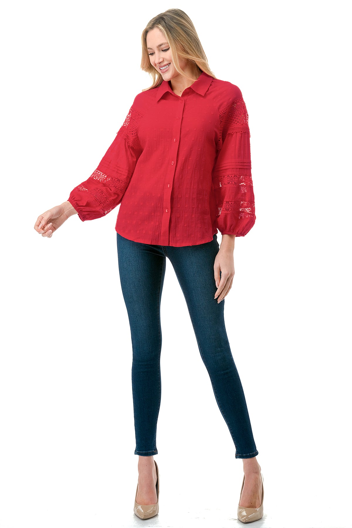 Red Crochet Inset Texture Cotton Button Down