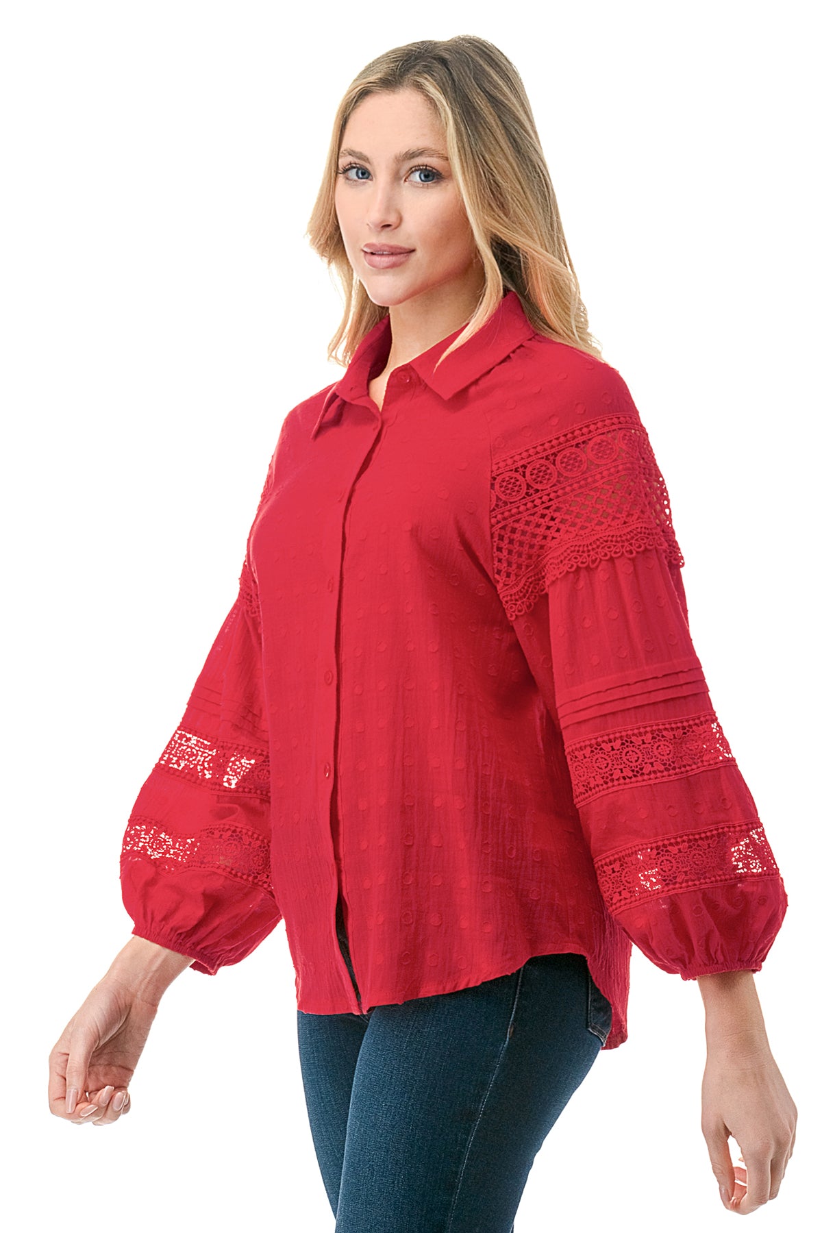 Red Crochet Inset Texture Cotton Button Down