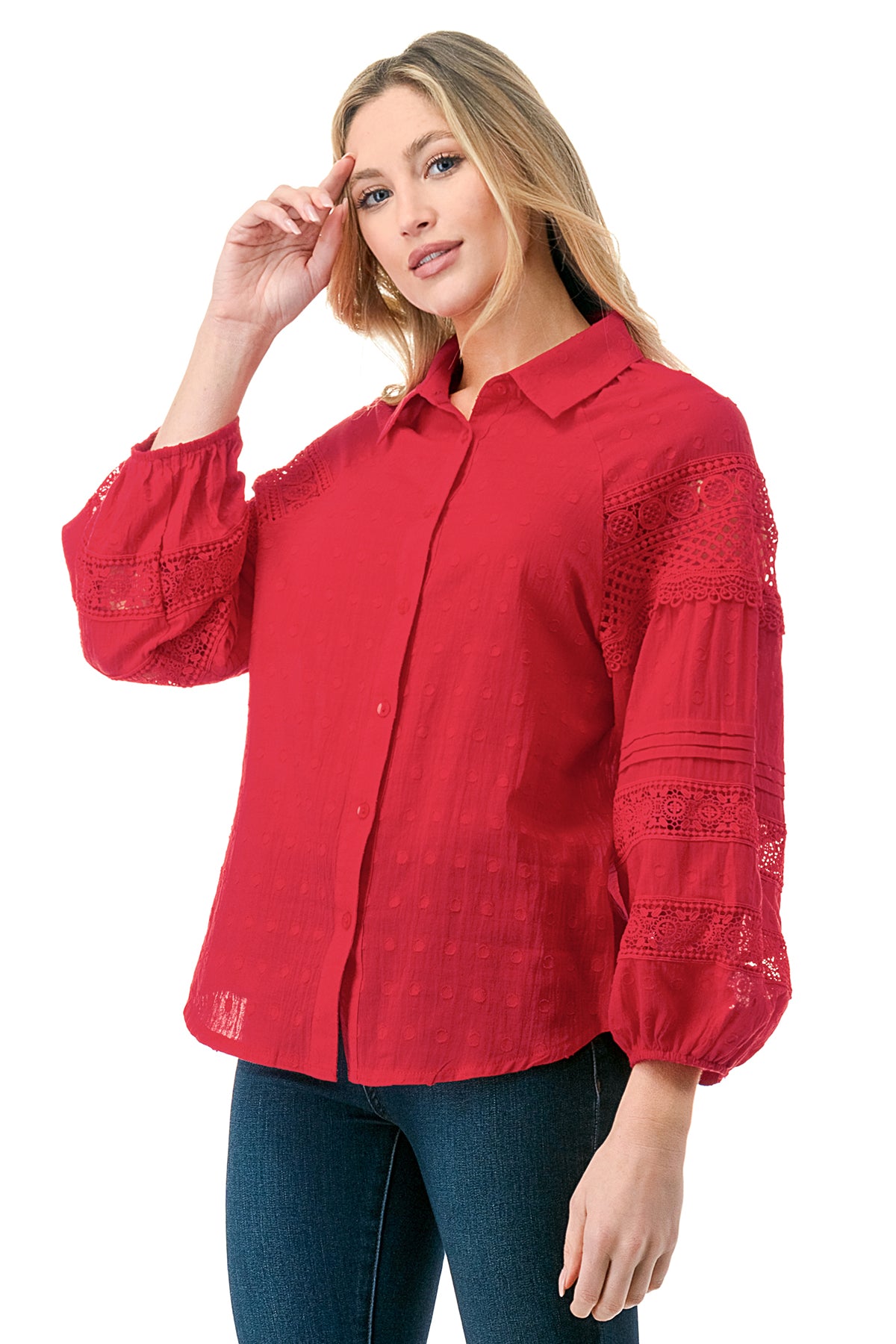 Red Crochet Inset Texture Cotton Button Down