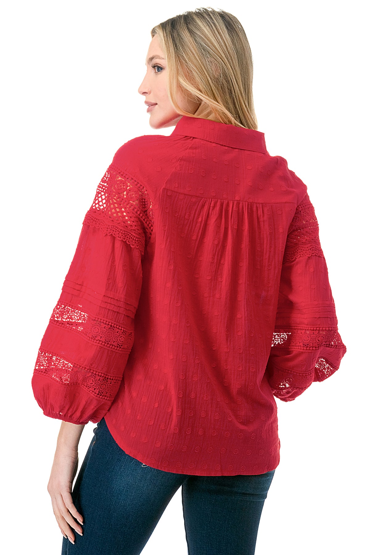 Red Crochet Inset Texture Cotton Button Down