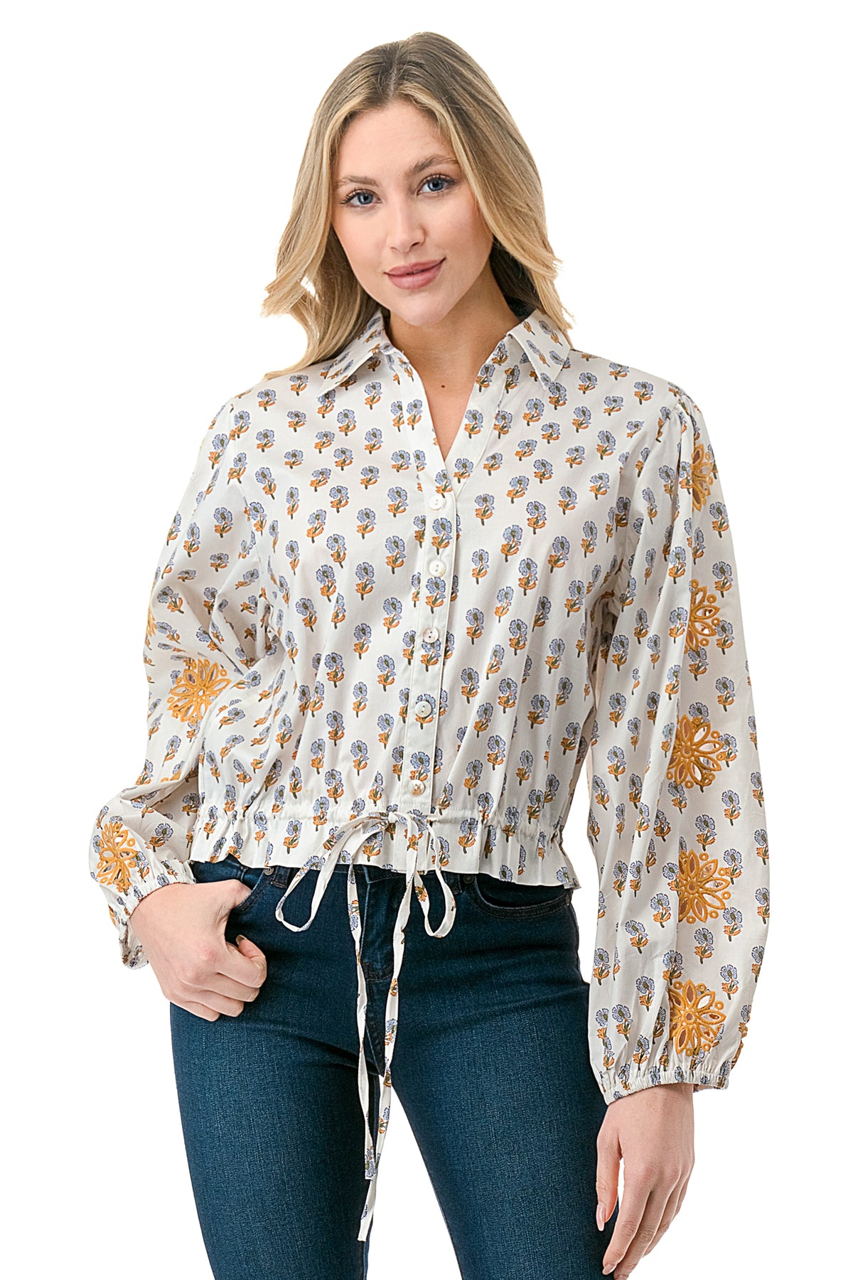 Ivory Motif Printed Cutout Sleeve Button Down