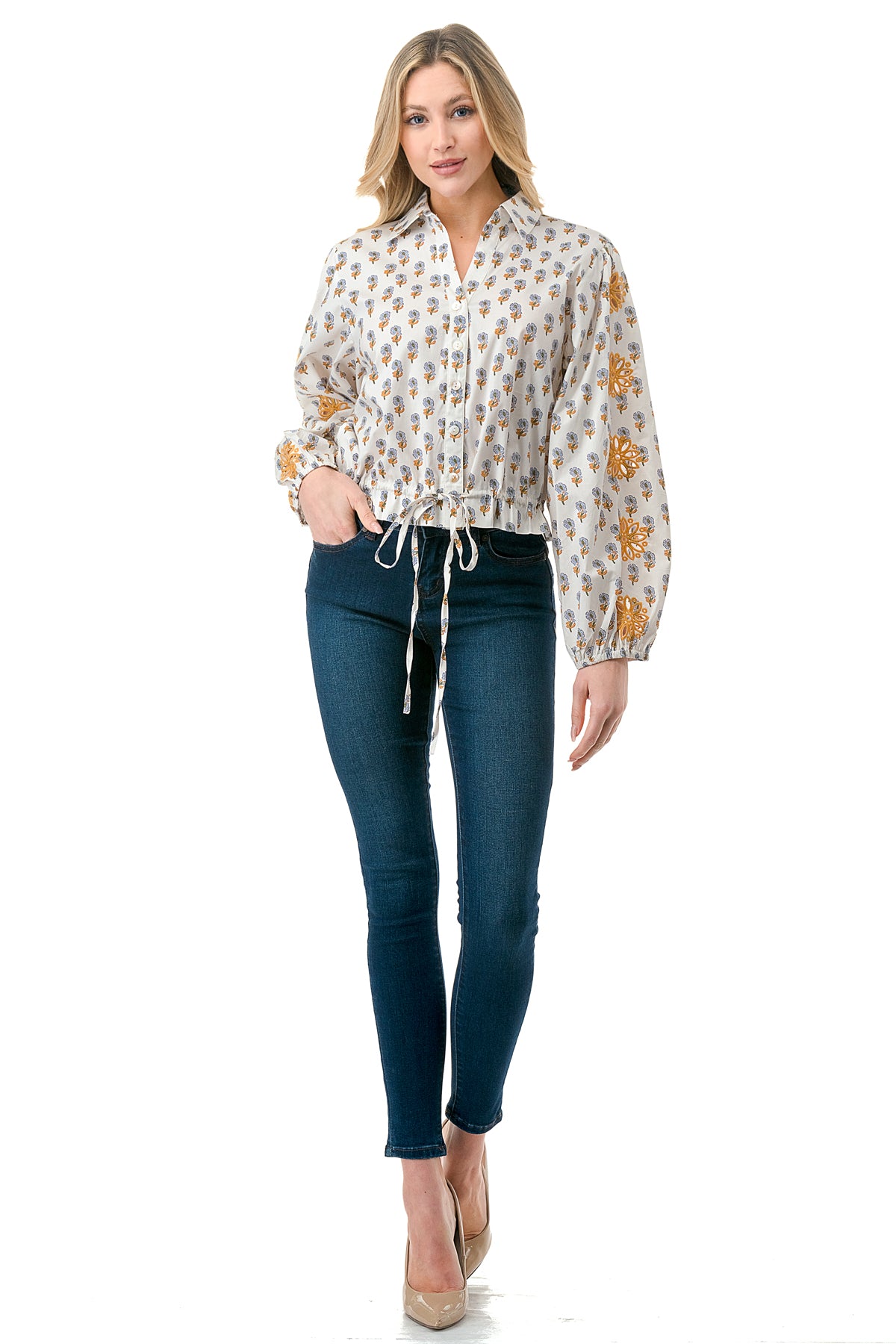 Ivory Motif Printed Cutout Sleeve Button Down