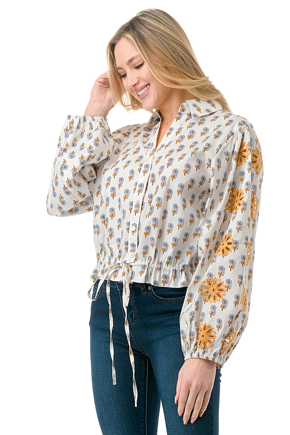 Ivory Motif Printed Cutout Sleeve Button Down