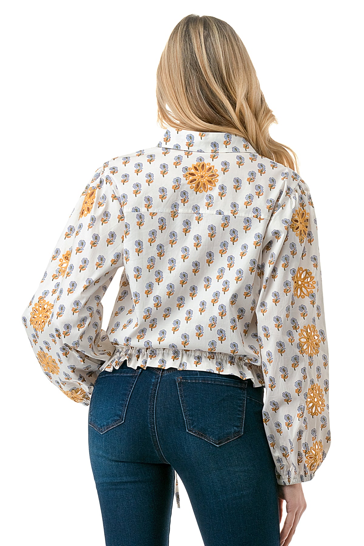 Ivory Motif Printed Cutout Sleeve Button Down