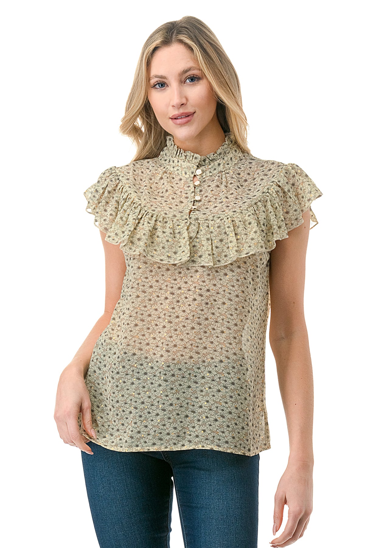 Olive Shine Floral Chiffon Printed Flutter Sleeveless Top