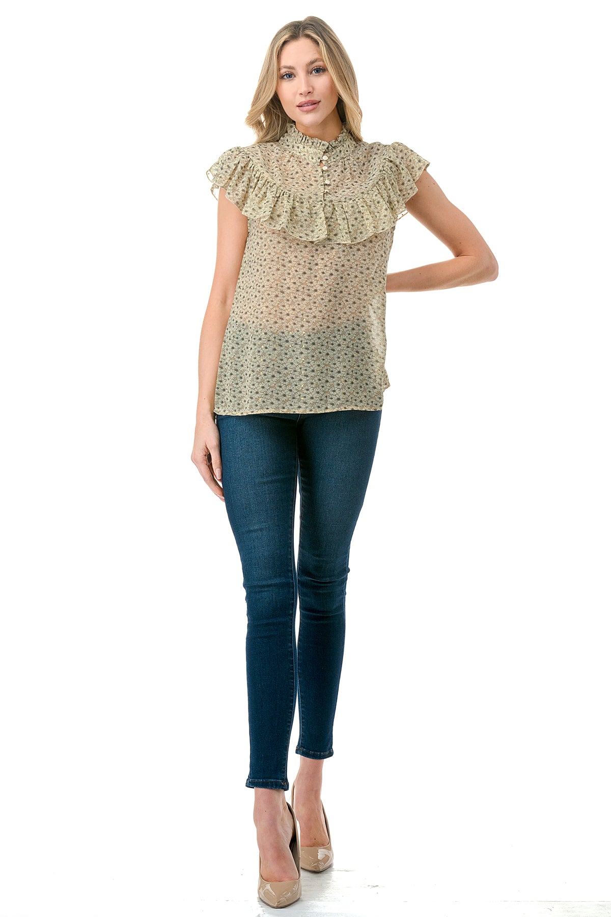 Olive Shine Floral Chiffon Printed Flutter Sleeveless Top