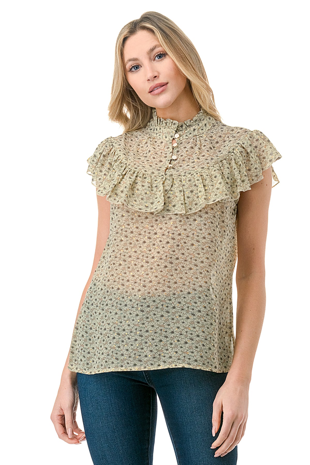 Olive Shine Floral Chiffon Printed Flutter Sleeveless Top