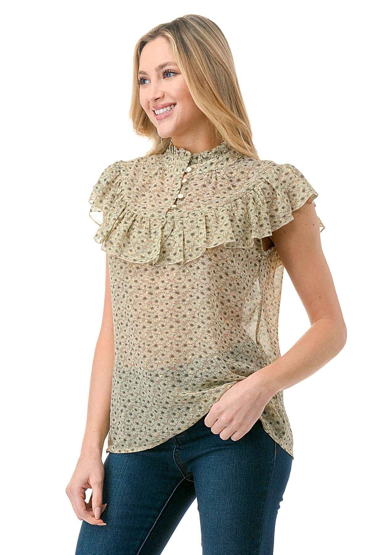 Olive Shine Floral Chiffon Printed Flutter Sleeveless Top