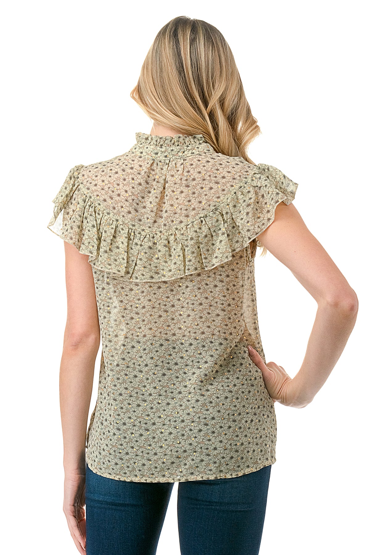 Olive Shine Floral Chiffon Printed Flutter Sleeveless Top