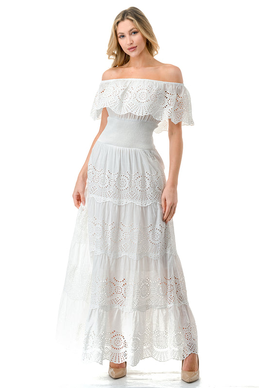 Ivory Smocked Waist Tiered Eyelet Maxi Dress