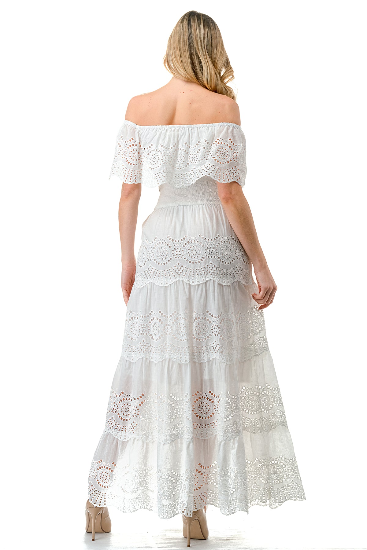 Ivory Smocked Waist Tiered Eyelet Maxi Dress – Solitaire