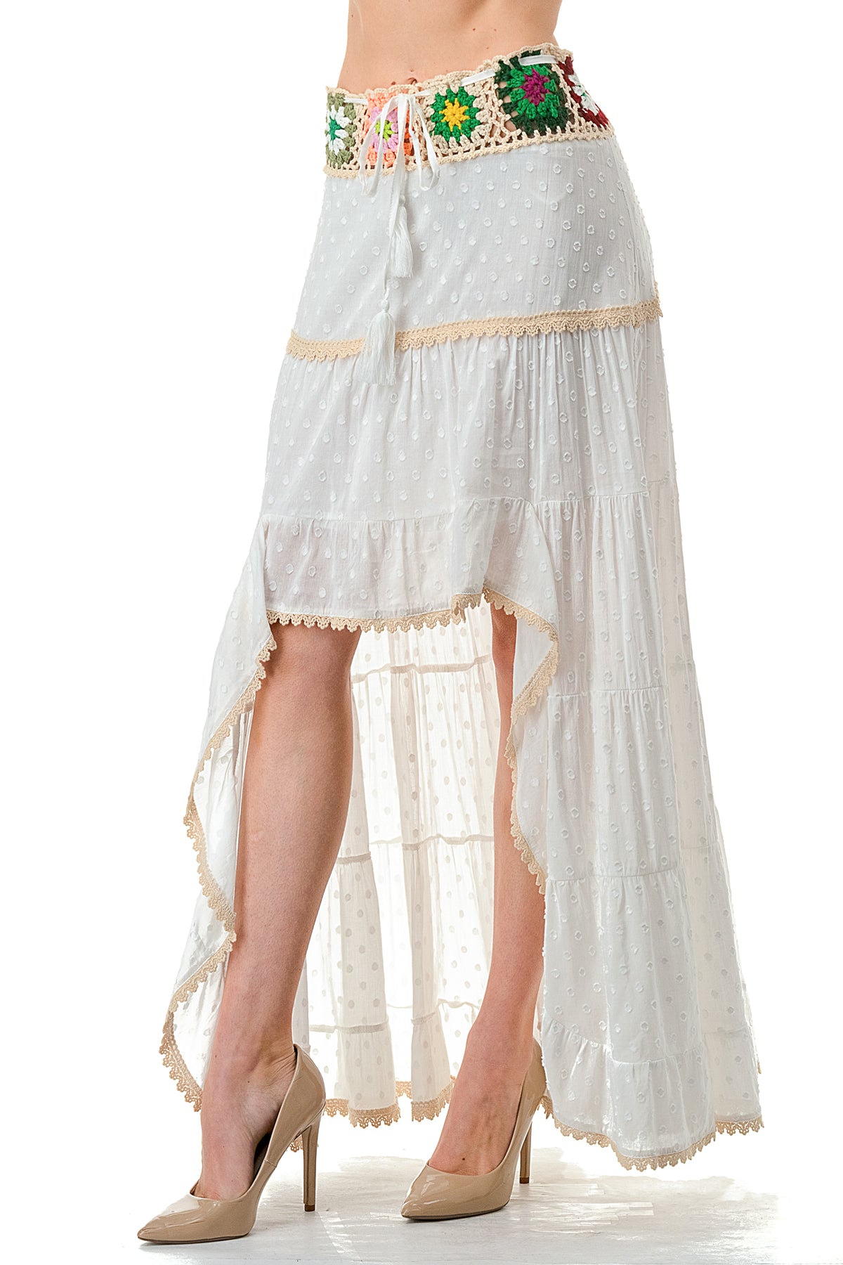 Ivory/Beige Trim Textured High Low Skirt