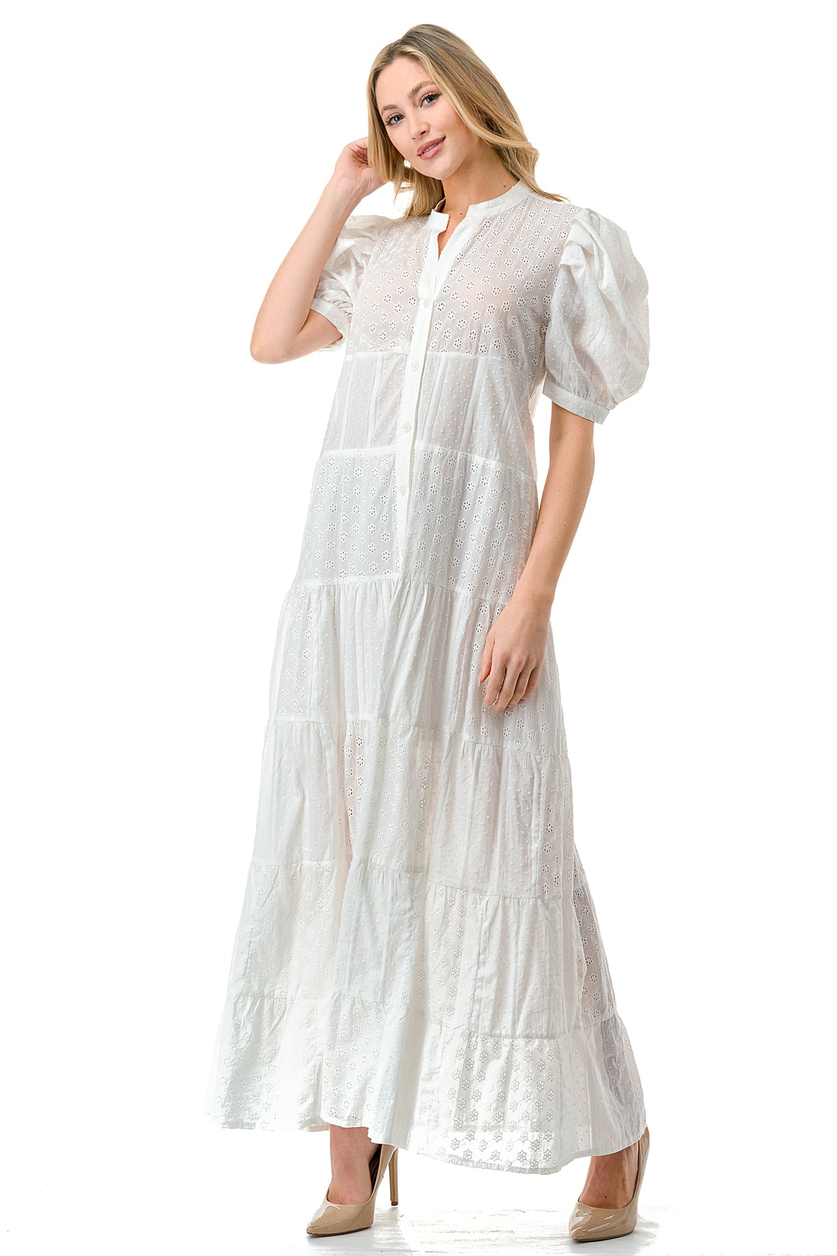 Ivory Eyelet Tiered Button Down Puff Sleeve Maxi