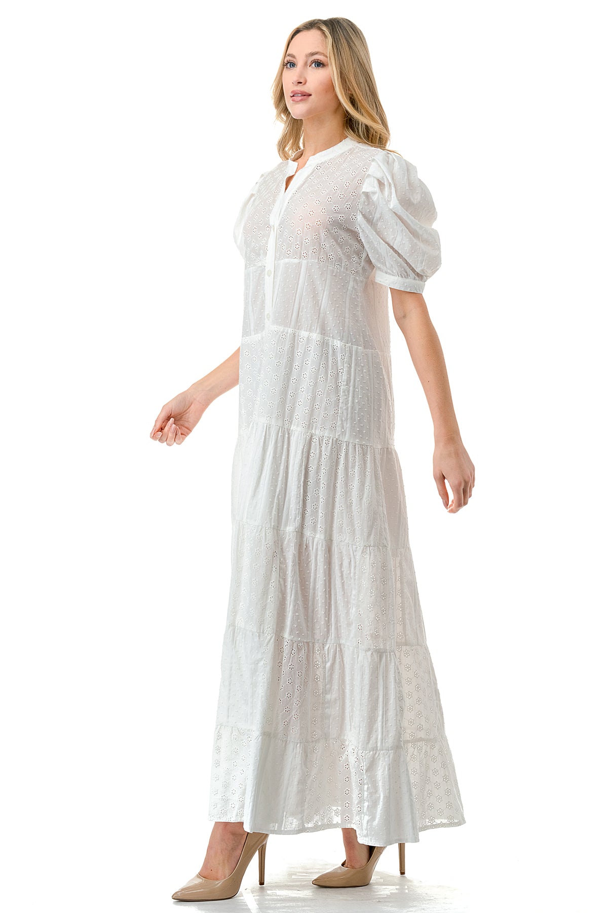 Ivory Eyelet Tiered Button Down Puff Sleeve Maxi