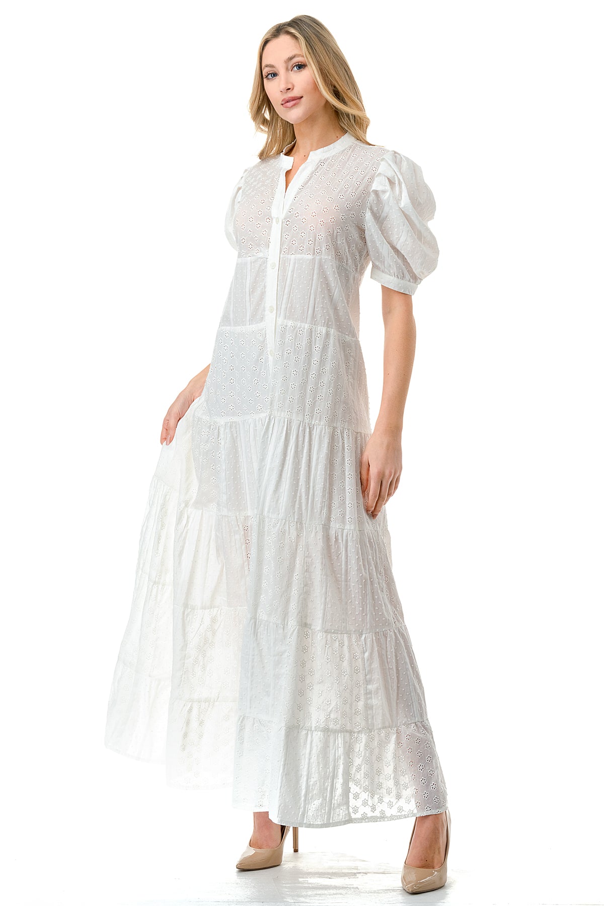 Ivory Eyelet Tiered Button Down Puff Sleeve Maxi