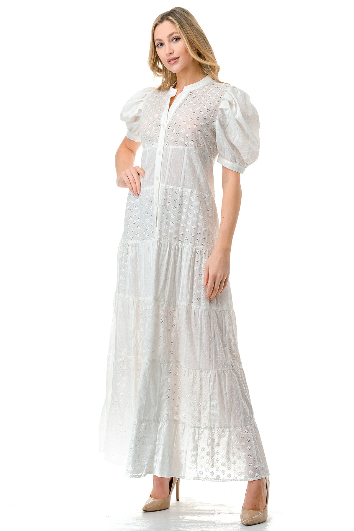 Ivory Eyelet Tiered Button Down Puff Sleeve Maxi