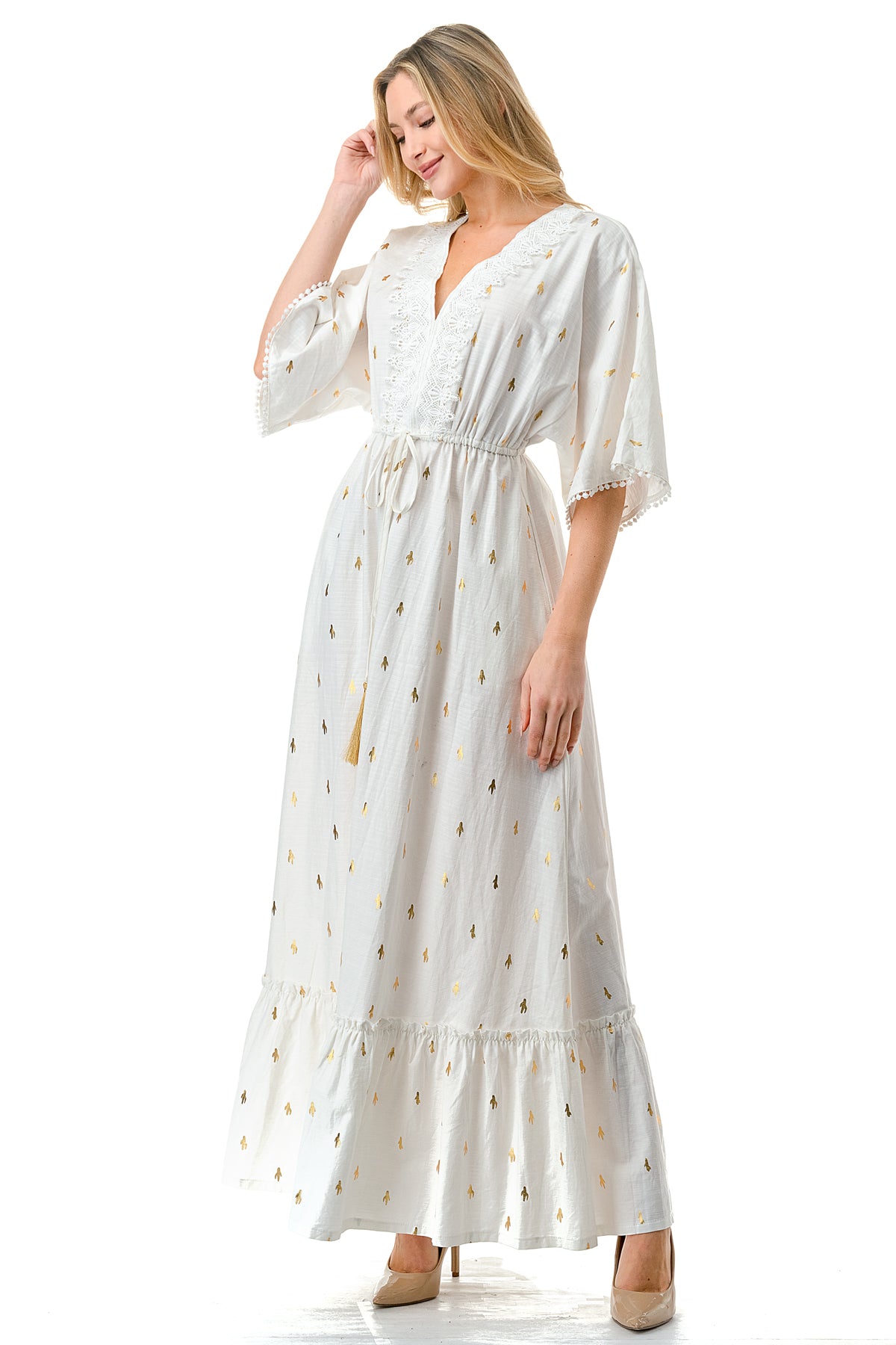 White/Gold Tie Waist Maxi