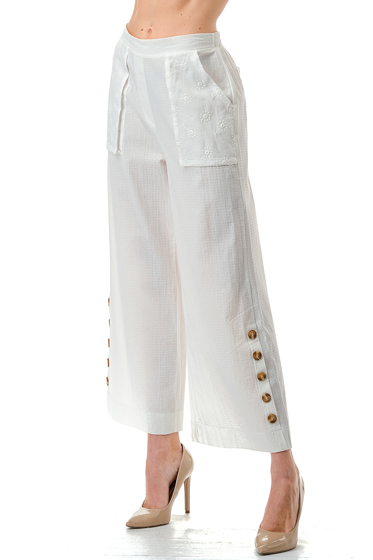 Ivory Cotton Texture Exposed Pocket Pants